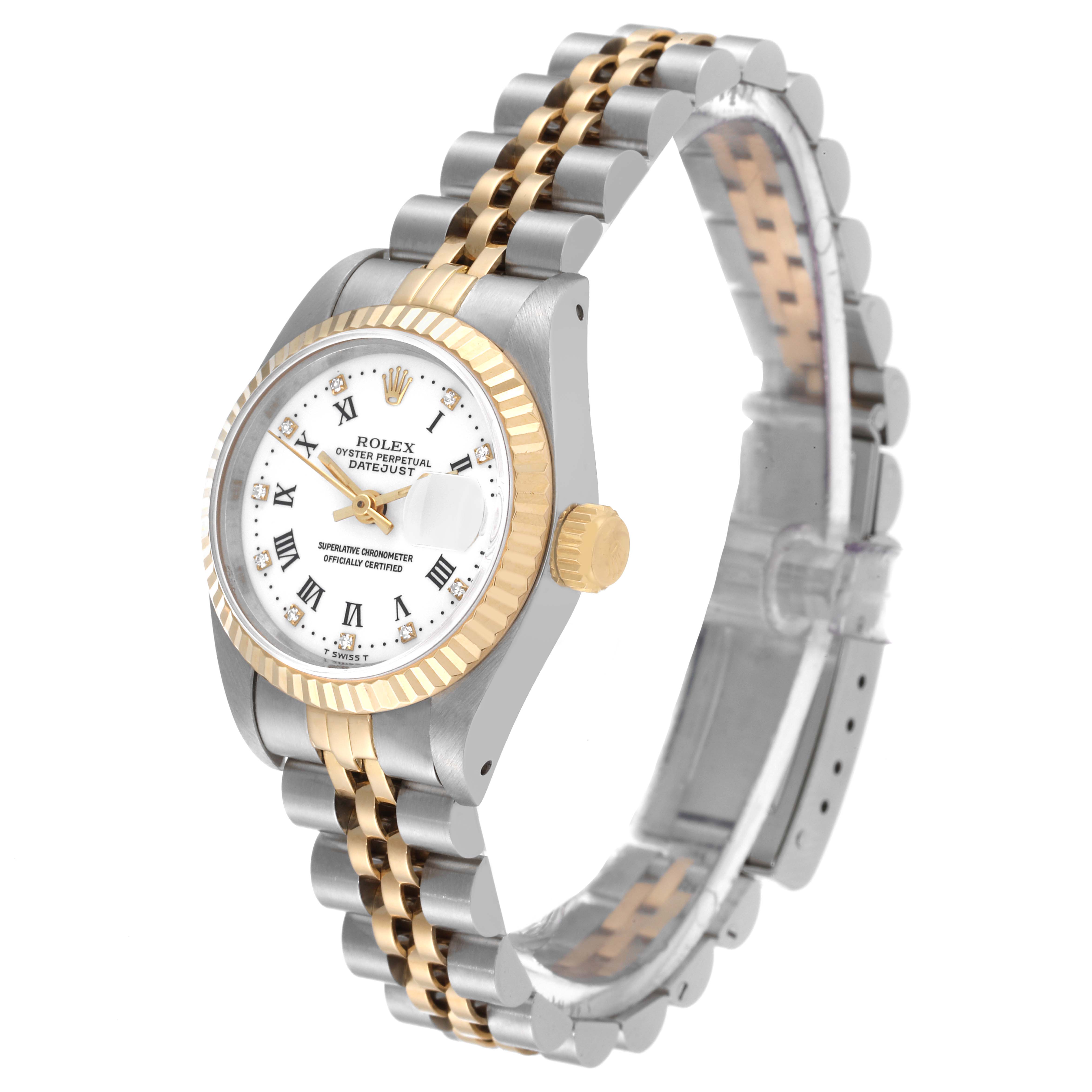 The image shows a Rolex Datejust 69173 Women's Steel and Gold (two tone) White Dial 69173 Women's Steel and Gold (two tone) White Dial watch at a three-quarter angle, highlighting the face, crown, and two-tone metal bracelet.