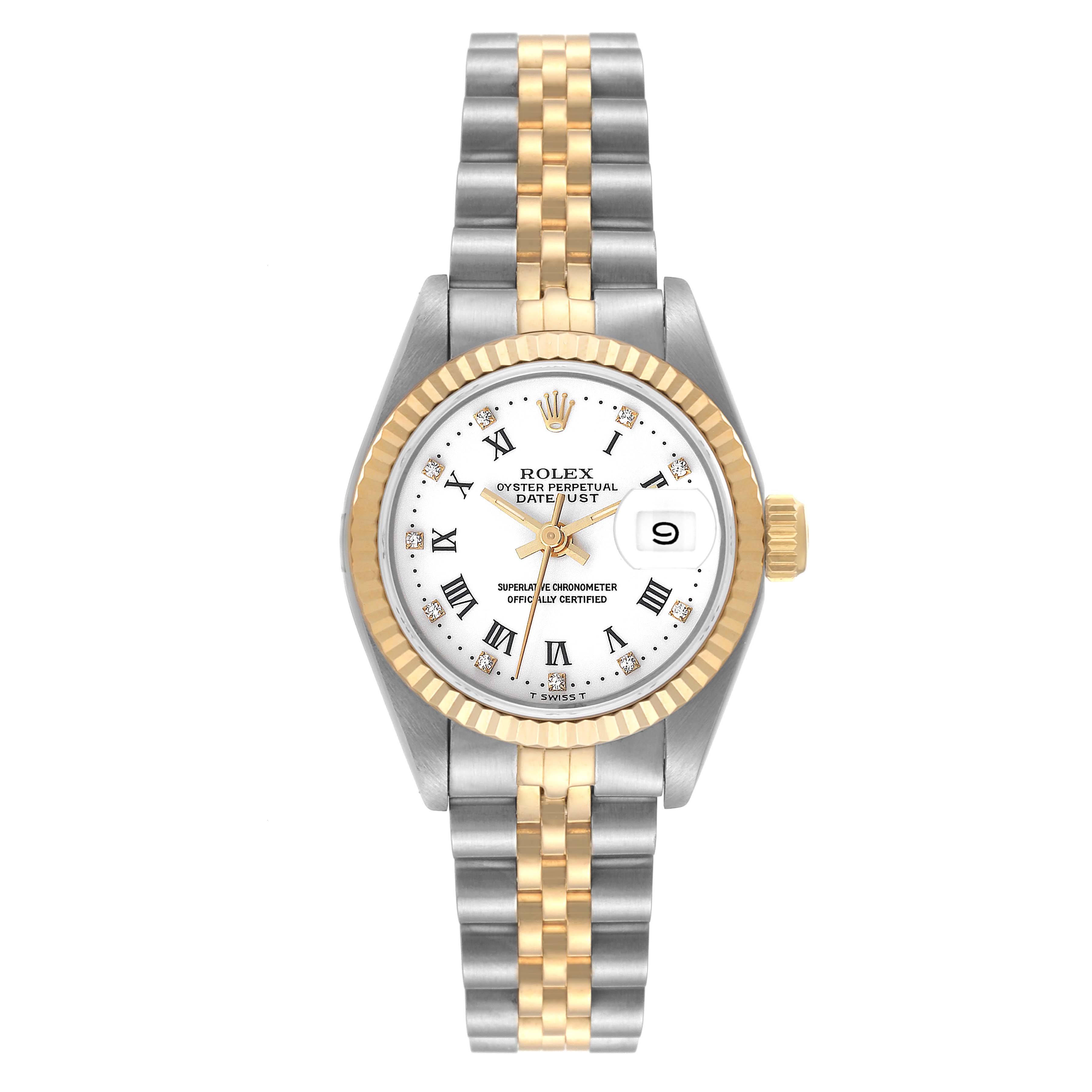 The Rolex Datejust 69173 Women's Steel and Gold (two tone) White Dial 69173 Women's Steel and Gold (two tone) White Dial watch is shown in a front view, displaying its white dial, two-tone bracelet, and date window at 3 o'clock.