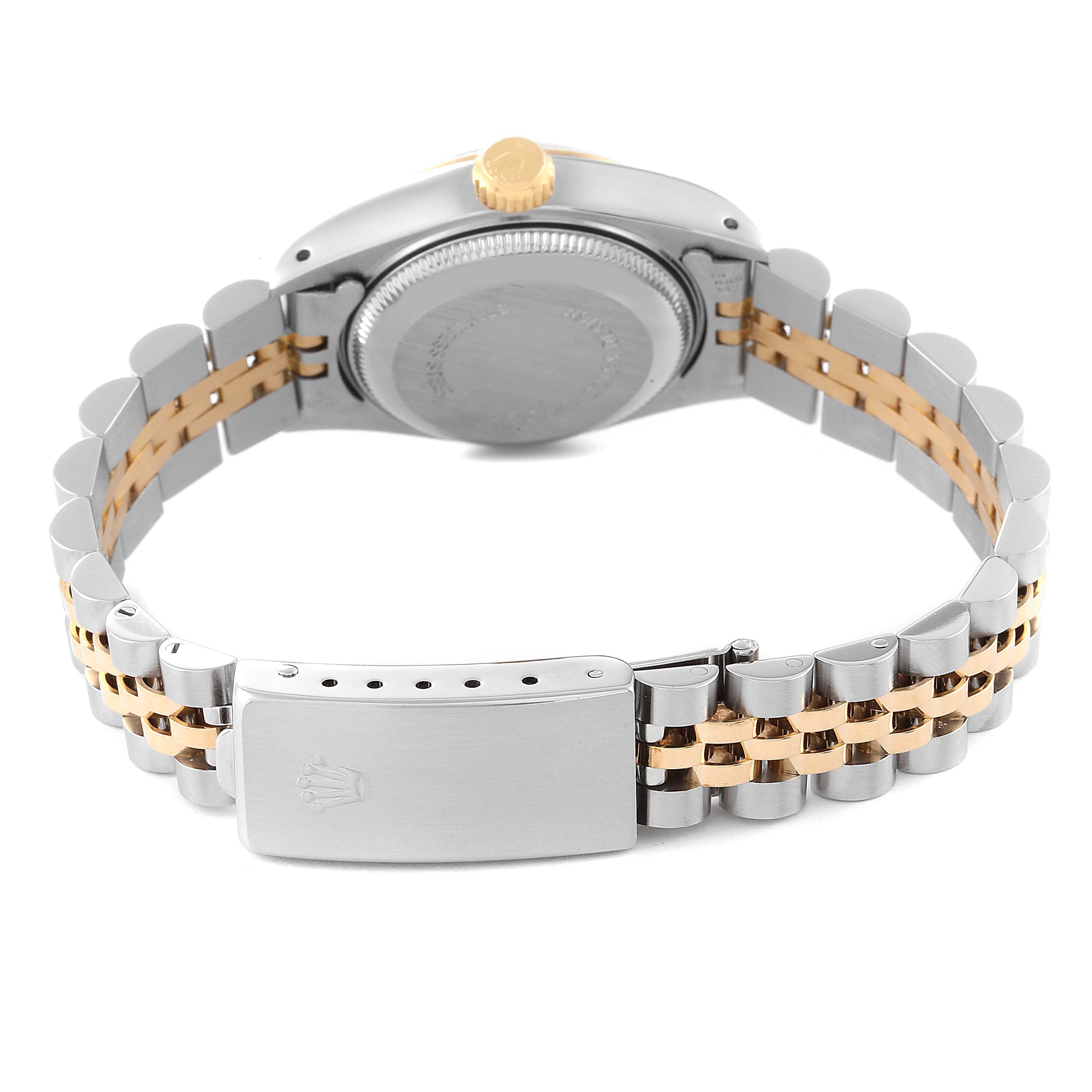 The image shows the backside and bracelet of a Rolex Datejust 69173 Women's Steel and Gold (two tone) White Dial 69173 Women's Steel and Gold (two tone) White Dial watch, highlighting the clasp and case back.
