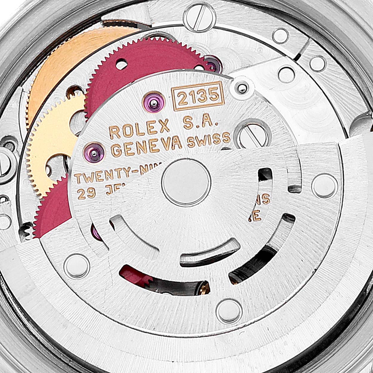 This image shows a close-up view of the movement parts inside a Rolex Datejust 69173 Women's Steel and Gold (two tone) White Dial 69173 Women's Steel and Gold (two tone) White Dial model watch.