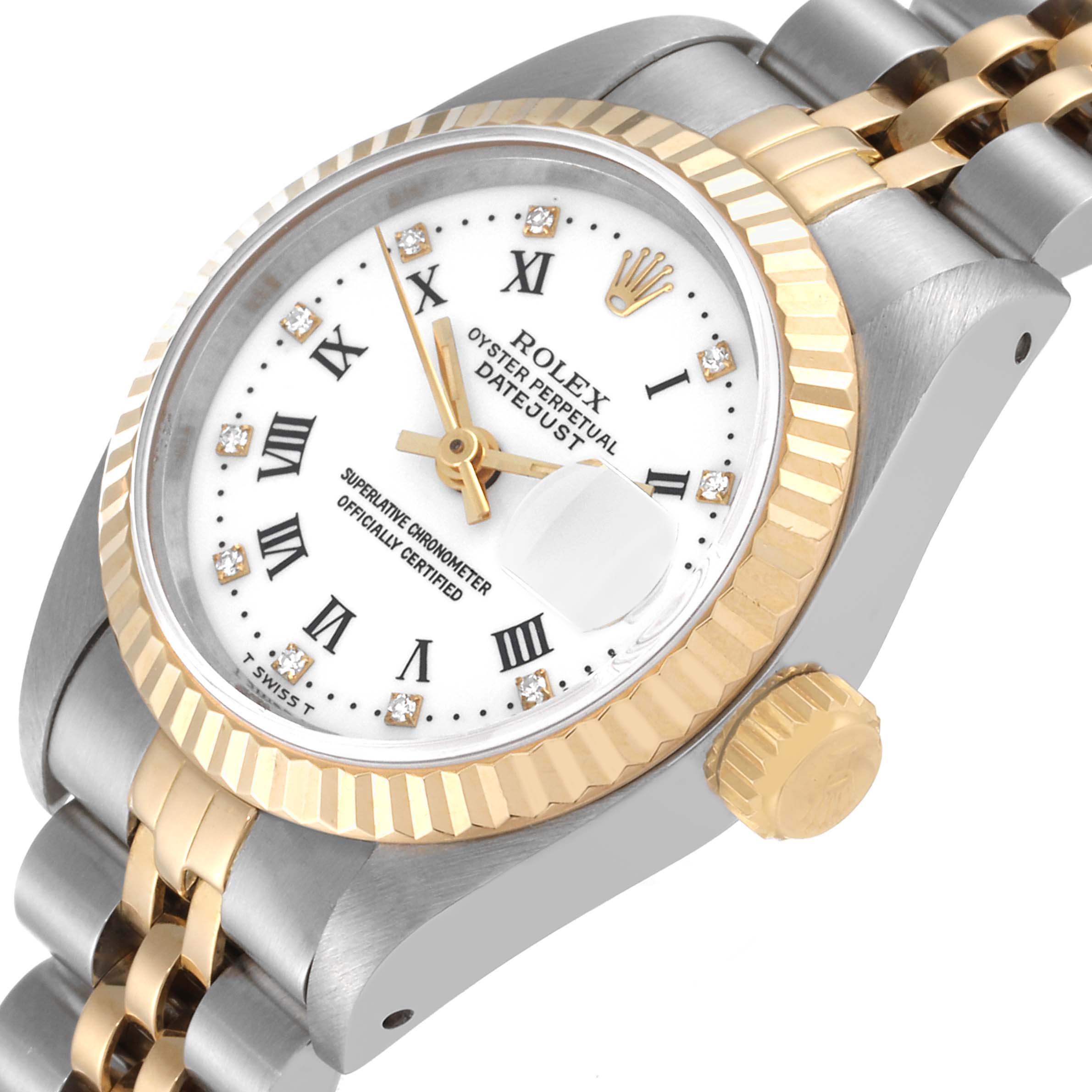 This angled image of the Rolex Datejust 69173 Women's Steel and Gold (two tone) White Dial 69173 Women's Steel and Gold (two tone) White Dial model shows the face, fluted bezel, crown, and part of the two-tone bracelet.
