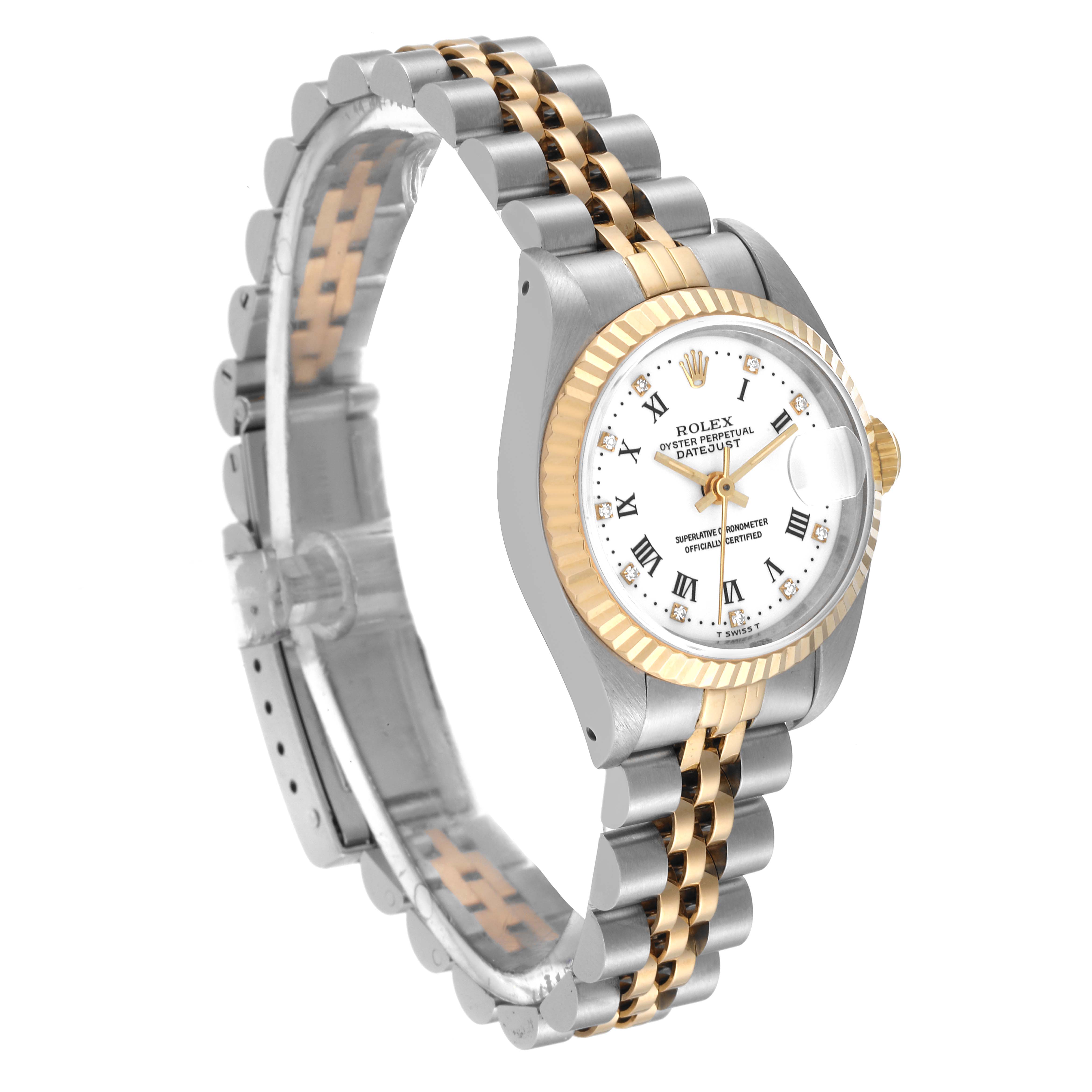 The image shows a side angle of a Rolex Datejust 69173 Women's Steel and Gold (two tone) White Dial 69173 Women's Steel and Gold (two tone) White Dial, highlighting its two-tone bracelet, fluted bezel, and white dial with Roman numerals.