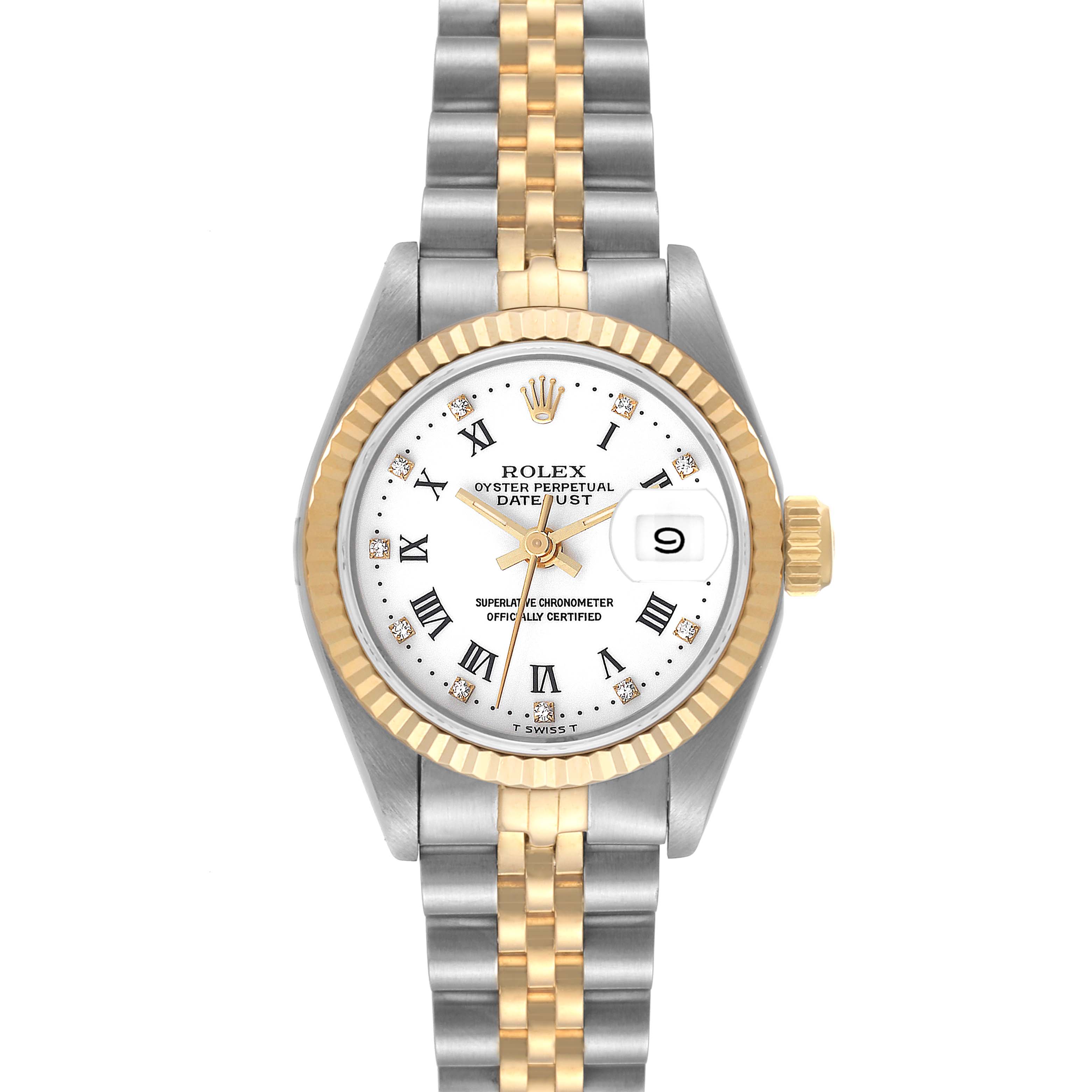 The Rolex Datejust 69173 Women's Steel and Gold (two tone) White Dial 69173 Women's Steel and Gold (two tone) White Dial watch is shown from a top-down angle, displaying the face, bezel, and bracelet in full view.