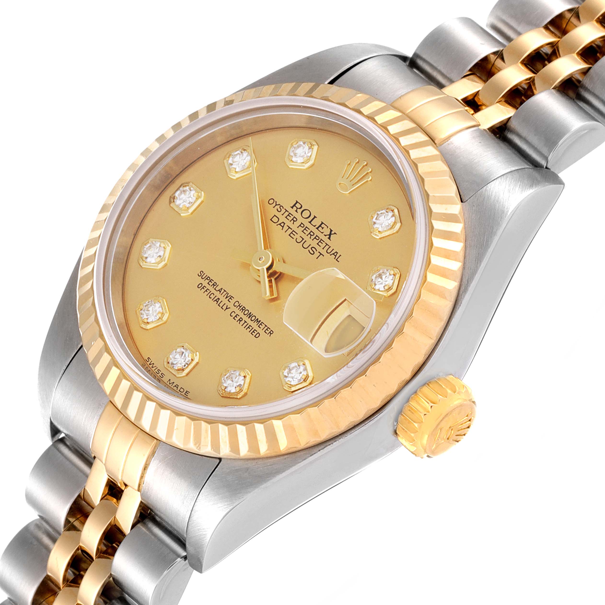 This image shows a Rolex Datejust 79173 Women
s Steel and Gold (two tone) Champagne Dial 79173 Women
s Steel and Gold (two tone) Champagne Dial watch from an angled perspective, highlighting the face, bezel, crown, and part of the bracelet.