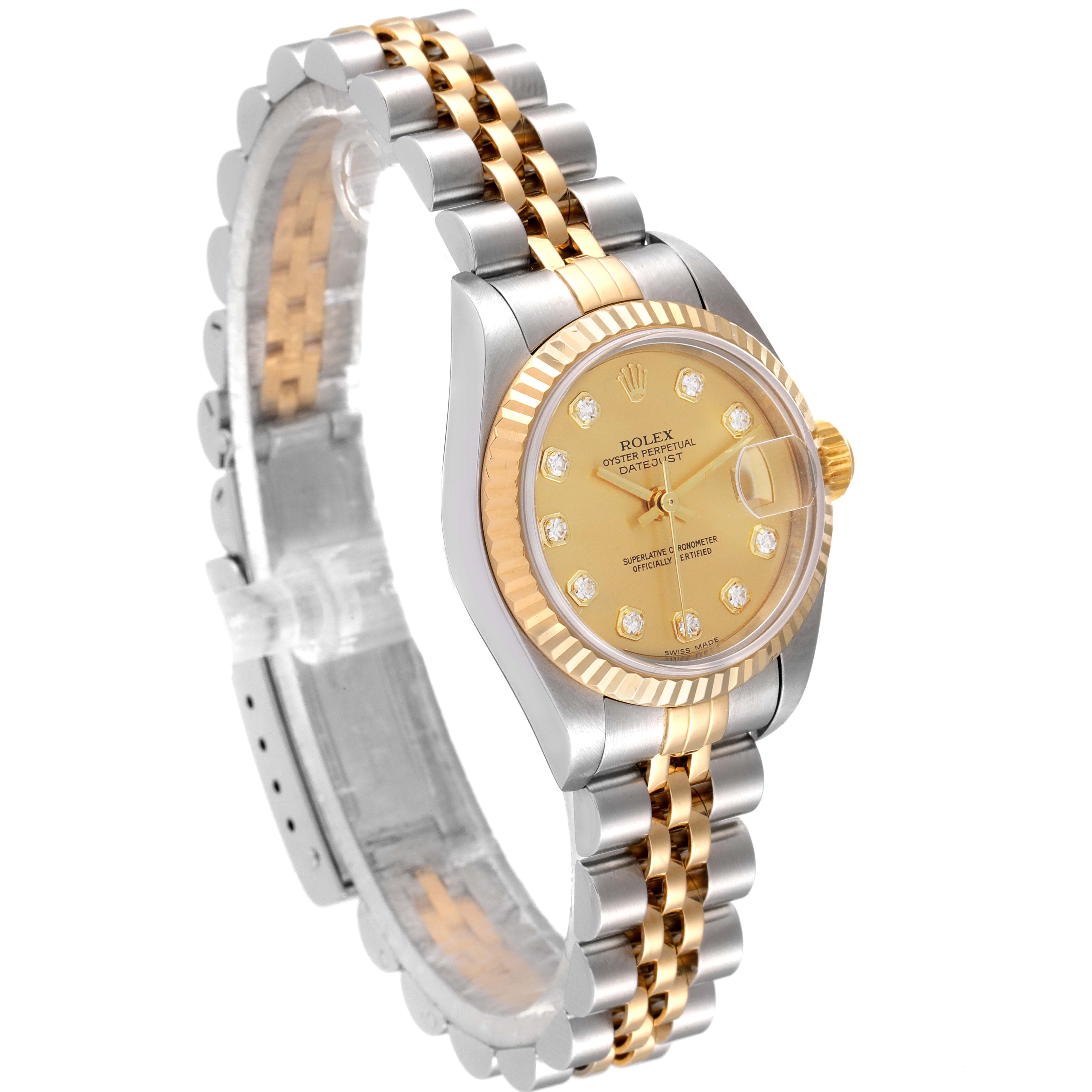 The image shows a Rolex Datejust 79173 Women
s Steel and Gold (two tone) Champagne Dial 79173 Women
s Steel and Gold (two tone) Champagne Dial watch at a three-quarter angle, highlighting its two-tone bracelet and diamond-set dial.