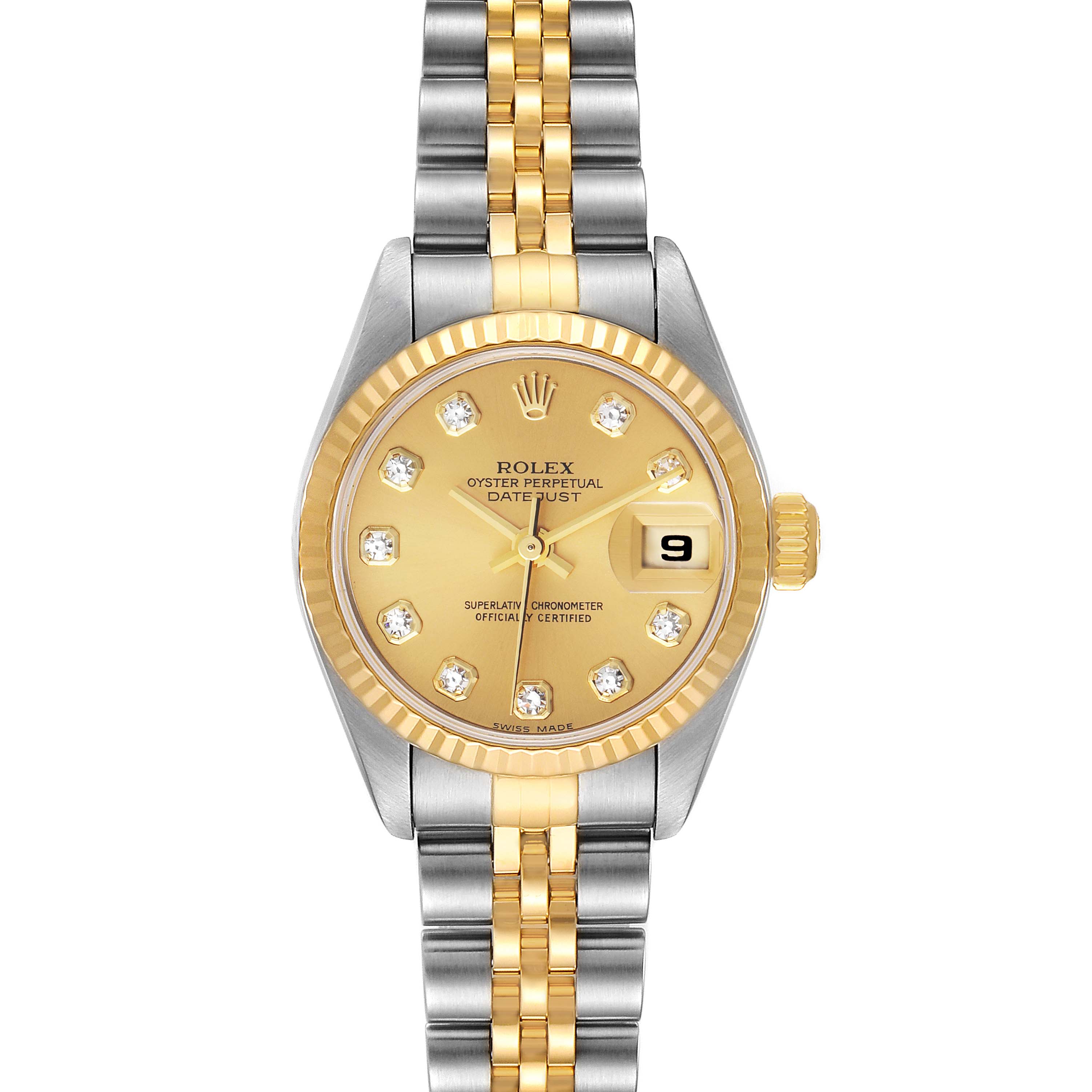 This image shows a front view of the Rolex Datejust 79173 Women
s Steel and Gold (two tone) Champagne Dial 79173 Women
s Steel and Gold (two tone) Champagne Dial watch featuring a gold dial, fluted bezel, and a two-tone metal bracelet.