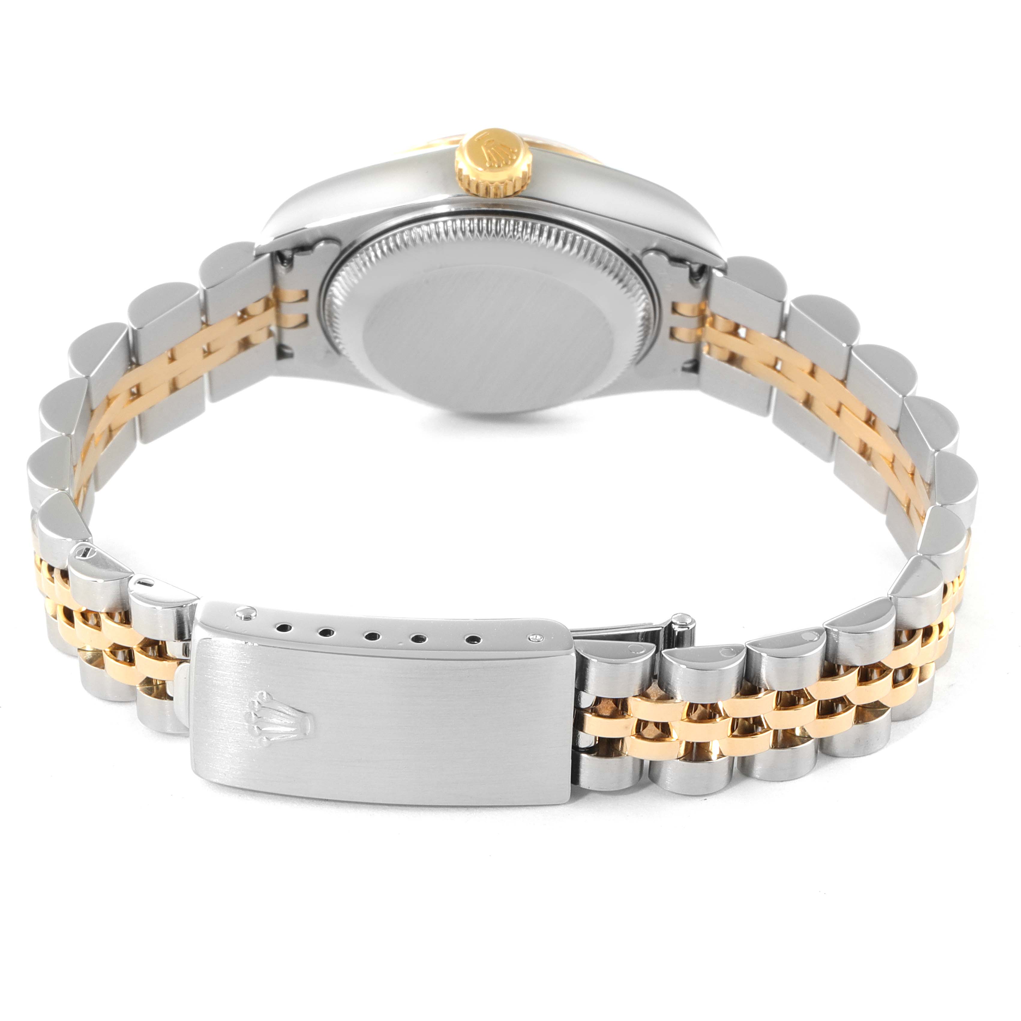 This image shows the back case, bracelet, and clasp of a Rolex Datejust 79173 Women
s Steel and Gold (two tone) Champagne Dial 79173 Women
s Steel and Gold (two tone) Champagne Dial watch, taken from an angle focusing on these parts.