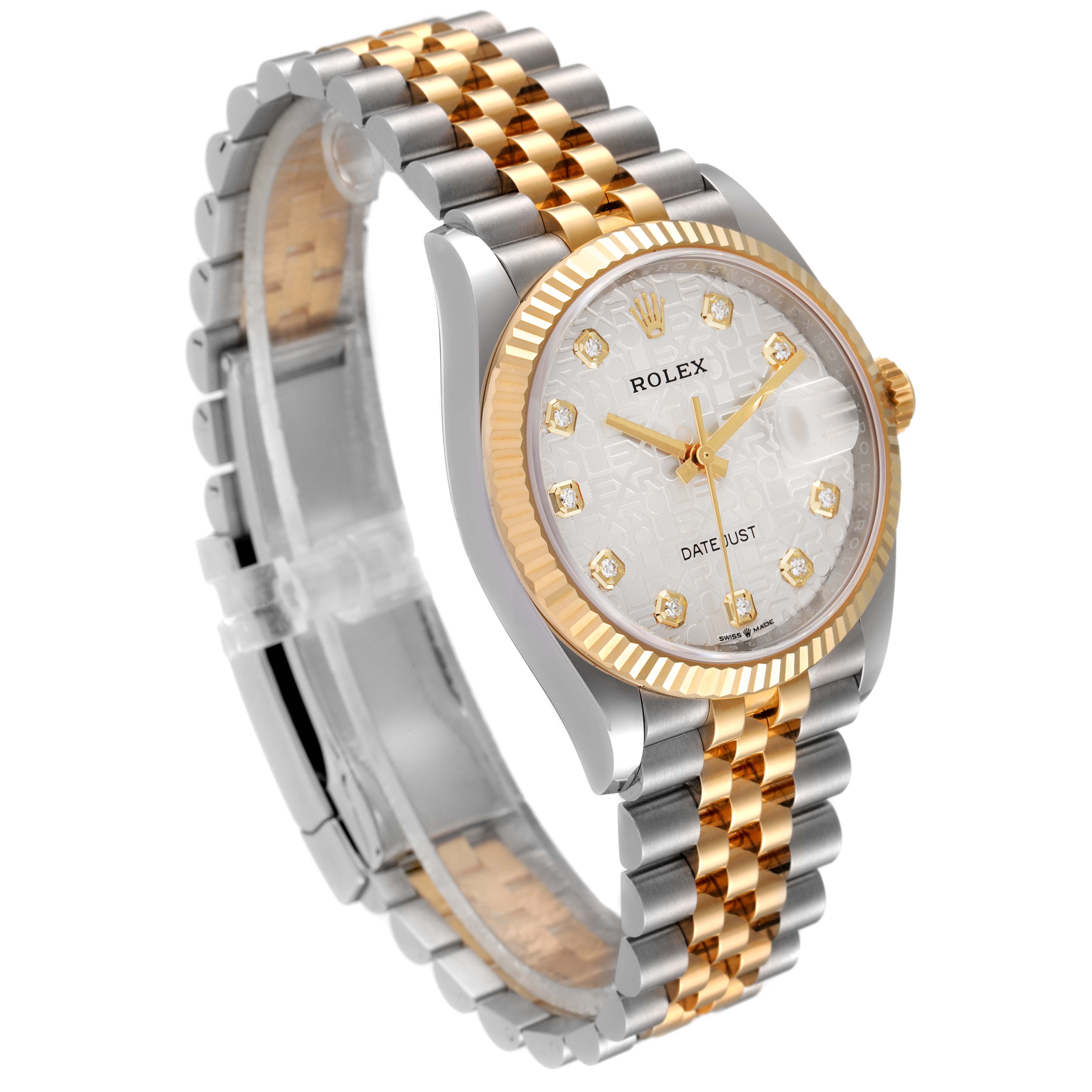 The image shows a Rolex Datejust 126233 Men's Steel and Gold (two tone) Silver Dial 126233 Men's Steel and Gold (two tone) Silver Dial model watch from a three-quarter angle, highlighting the face, bezel, and two-tone bracelet.