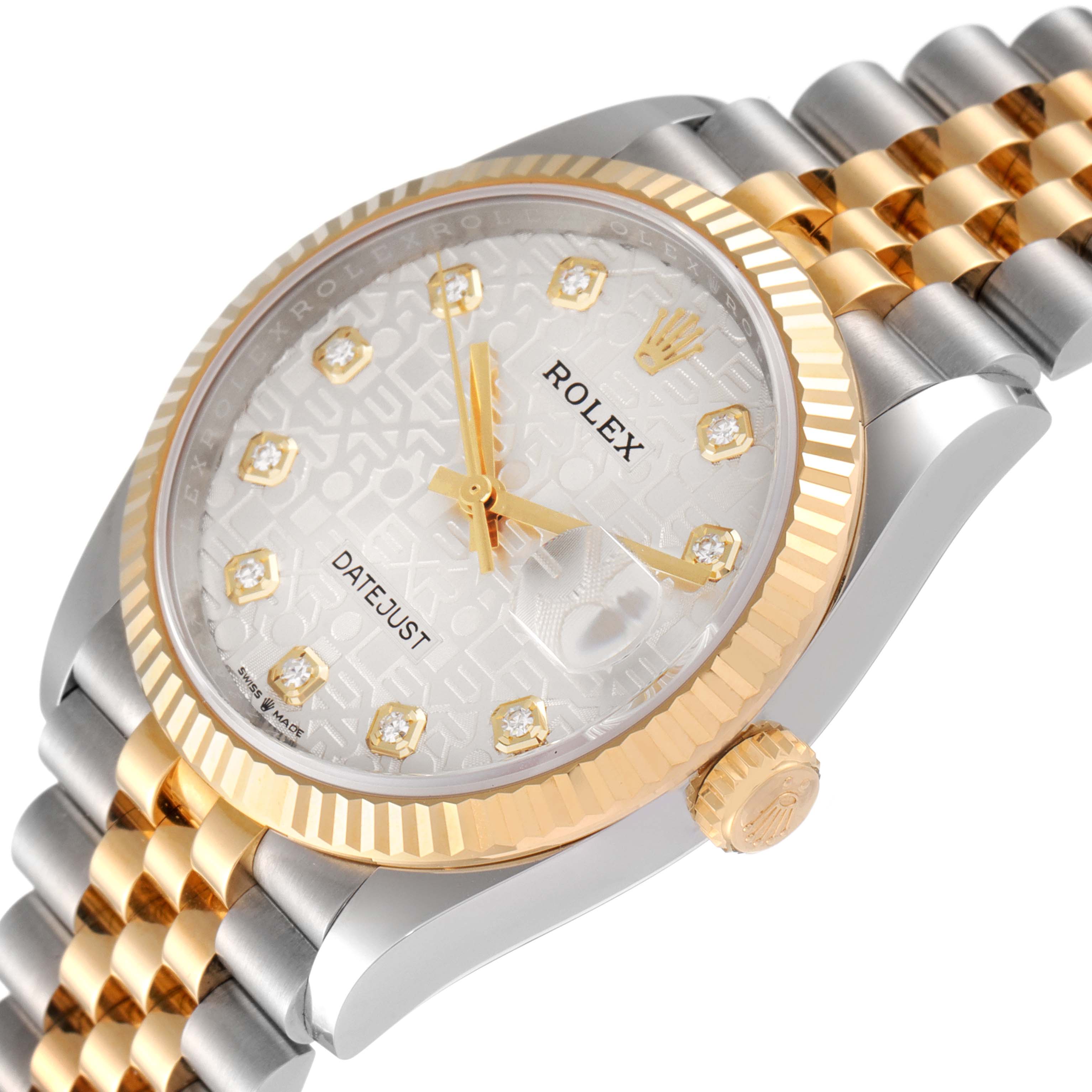 The image shows a close-up angled view of a Rolex Datejust 126233 Men's Steel and Gold (two tone) Silver Dial 126233 Men's Steel and Gold (two tone) Silver Dial watch, highlighting the face, bezel, crown, and bracelet.