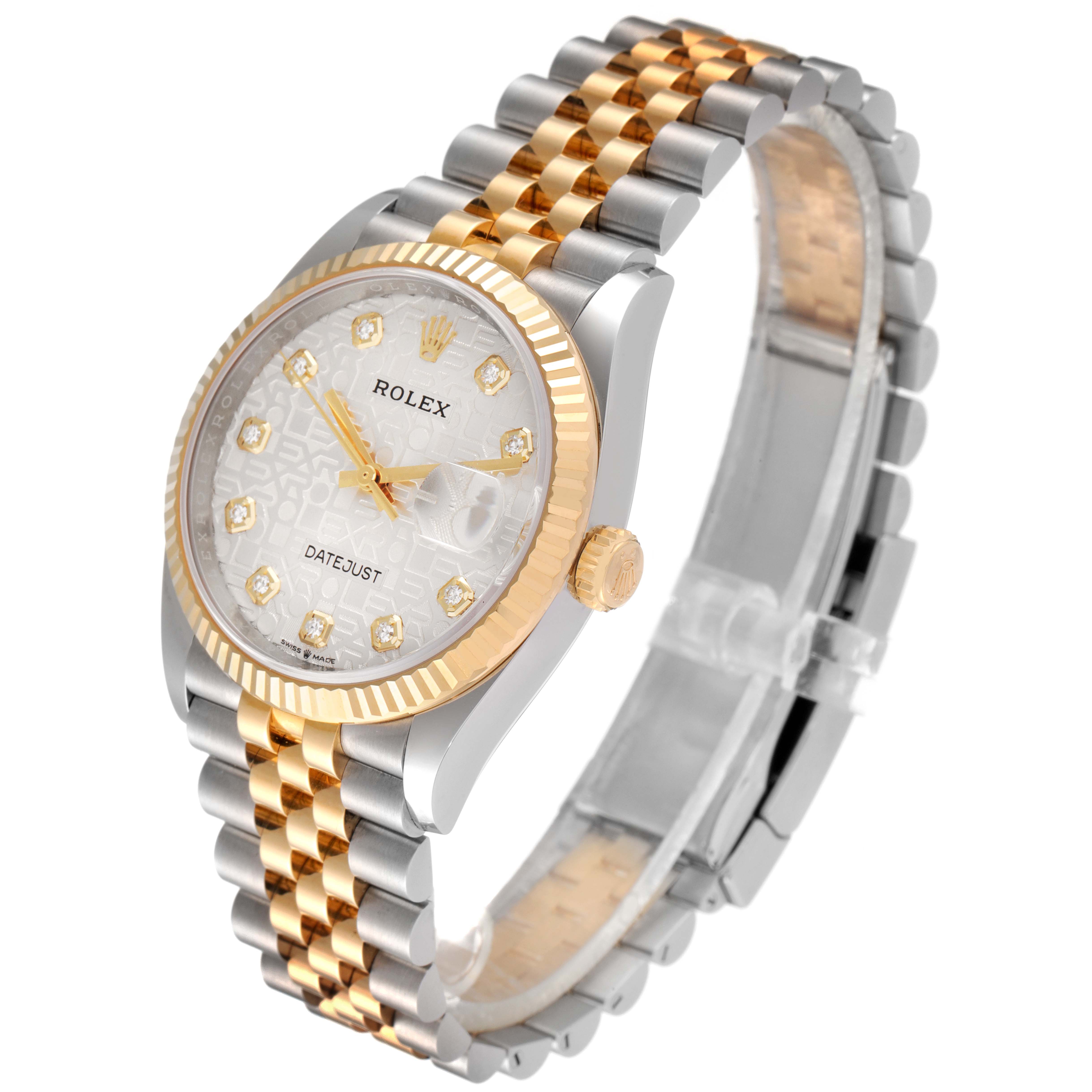 This image shows a Rolex Datejust 126233 Men's Steel and Gold (two tone) Silver Dial 126233 Men's Steel and Gold (two tone) Silver Dial watch with a two-tone bracelet and diamond markers, angled slightly from the upper left.