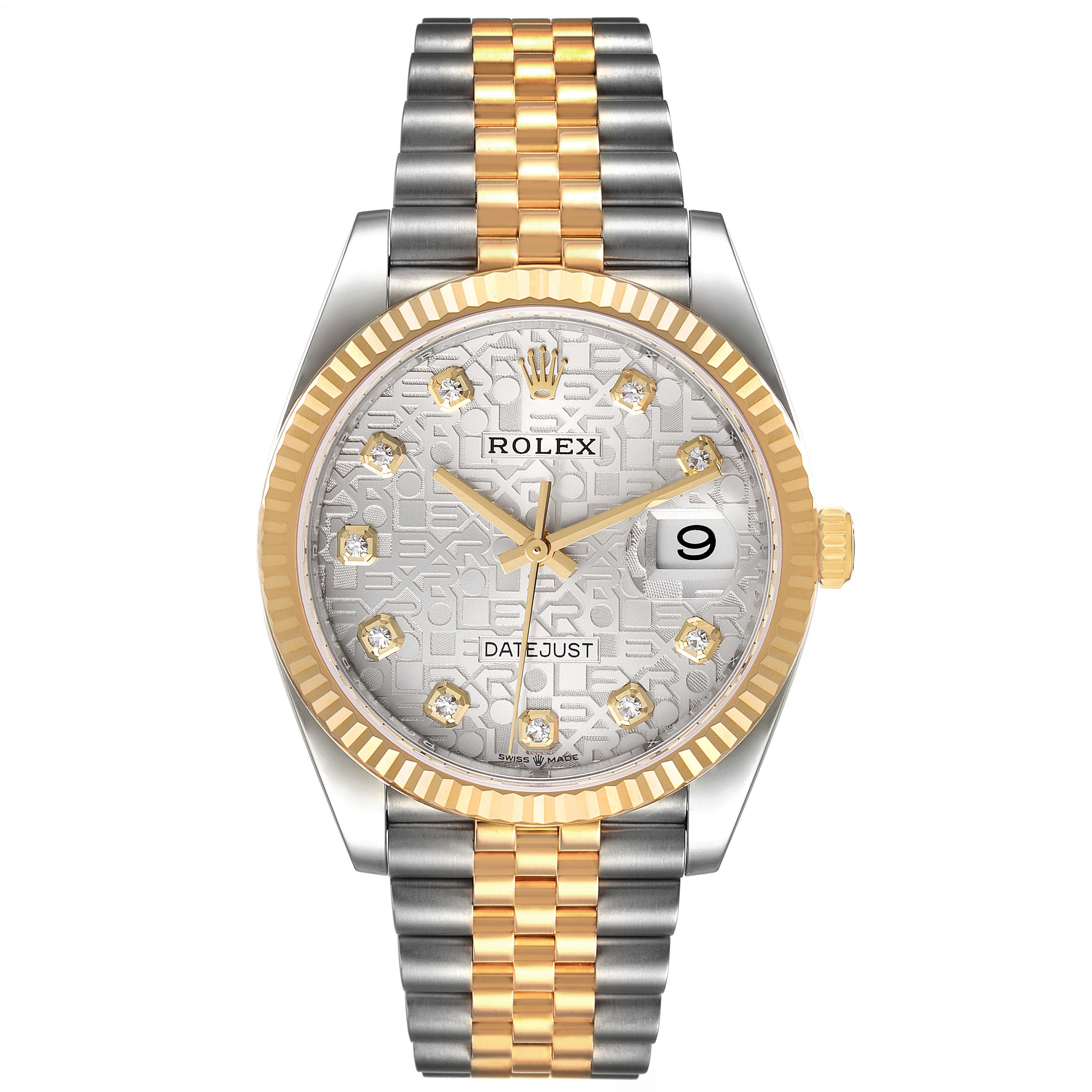 The Rolex Datejust 126233 Men's Steel and Gold (two tone) Silver Dial 126233 Men's Steel and Gold (two tone) Silver Dial watch is shown from a front angle, highlighting its face, bezel, and two-tone bracelet.