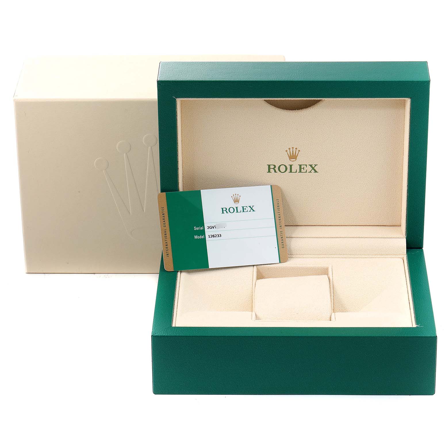 The image shows the packaging, an open box, and a warranty card for a Rolex Datejust 126233 Men's Steel and Gold (two tone) Silver Dial 126233 Men's Steel and Gold (two tone) Silver Dial model.