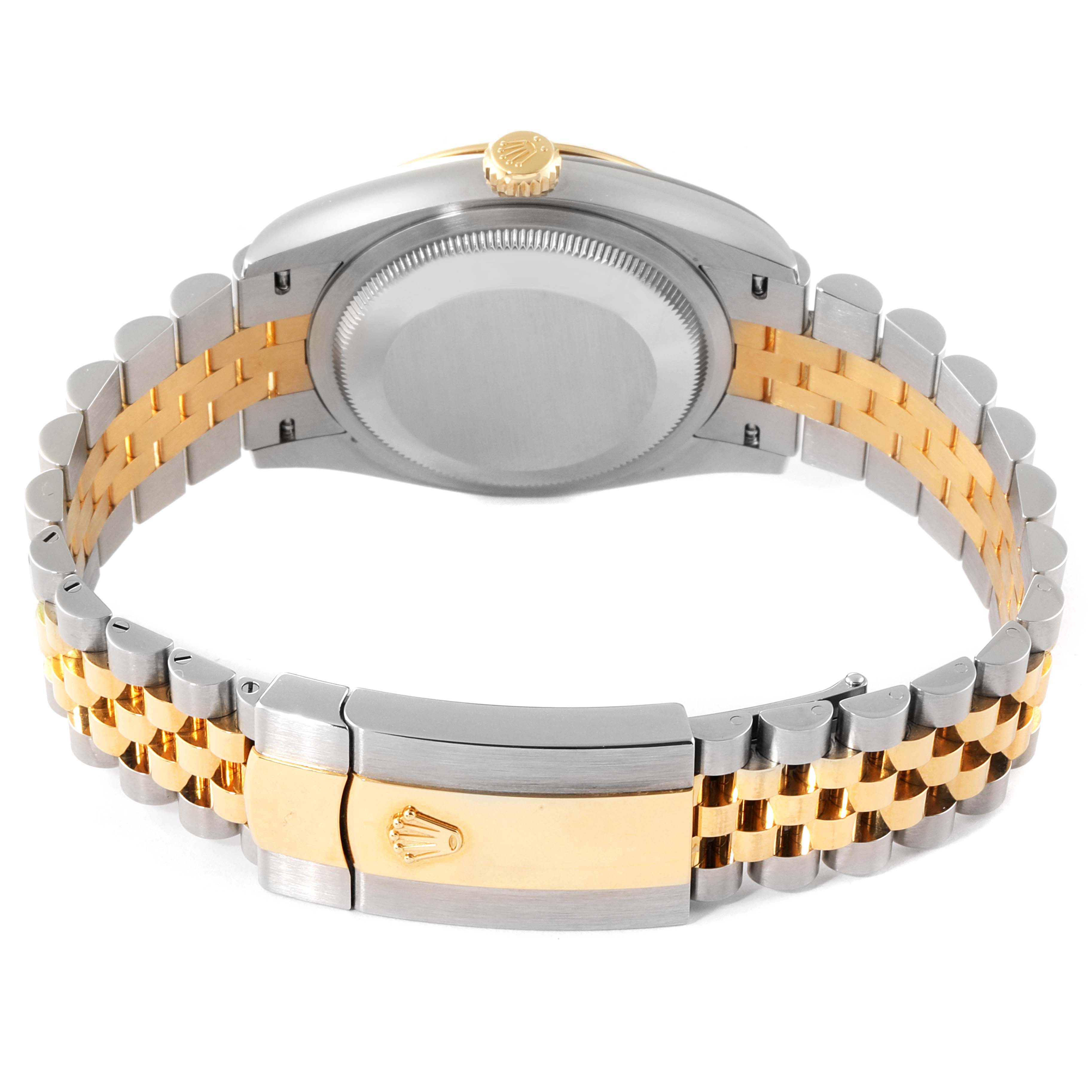 This image shows the backside and clasp of a Rolex Datejust 126233 Men's Steel and Gold (two tone) Silver Dial 126233 Men's Steel and Gold (two tone) Silver Dial watch, featuring a two-tone metal bracelet.