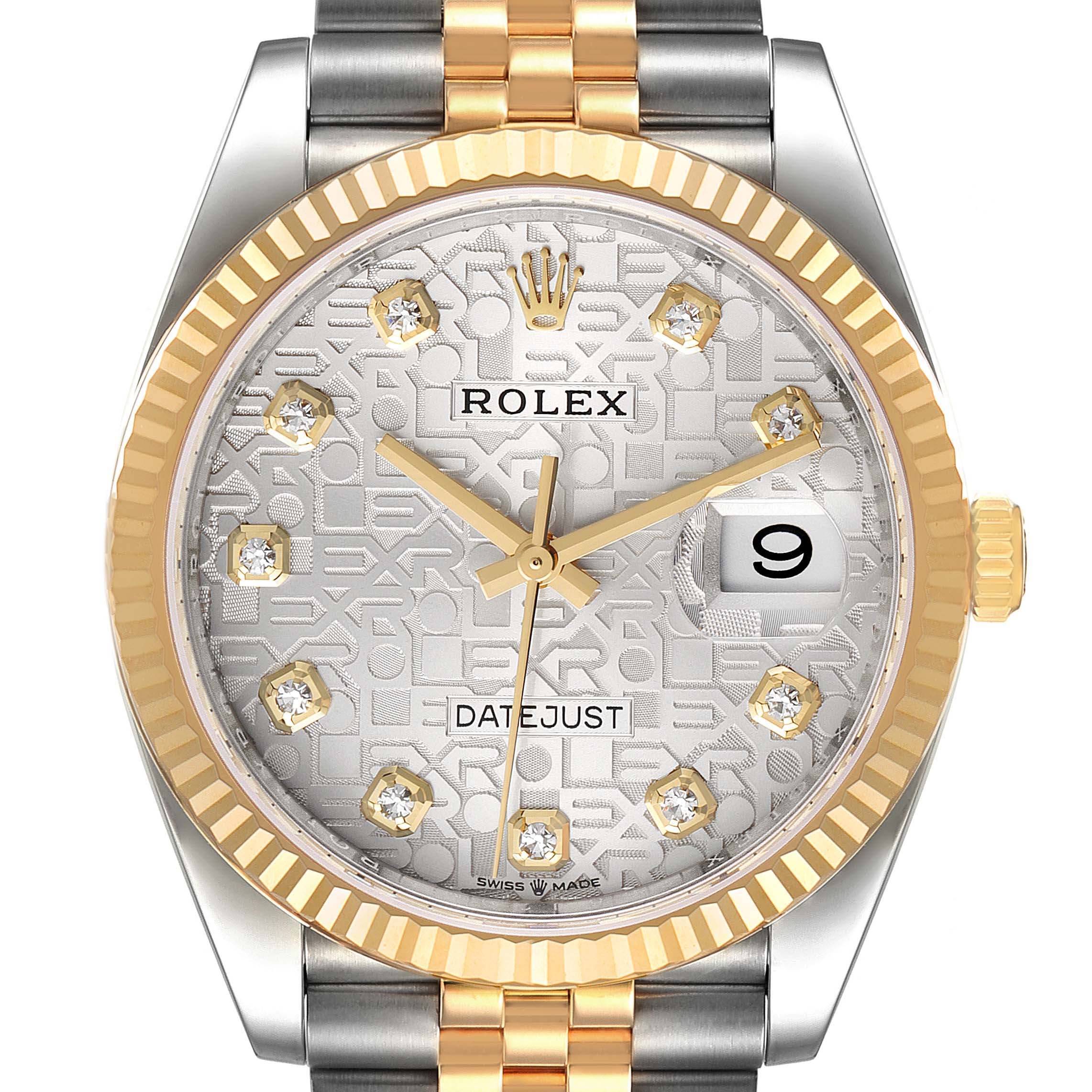 This image shows the Rolex Datejust 126233 Men's Steel and Gold (two tone) Silver Dial 126233 Men's Steel and Gold (two tone) Silver Dial watch face, including the dial, hands, date window, and part of the two-tone bracelet.