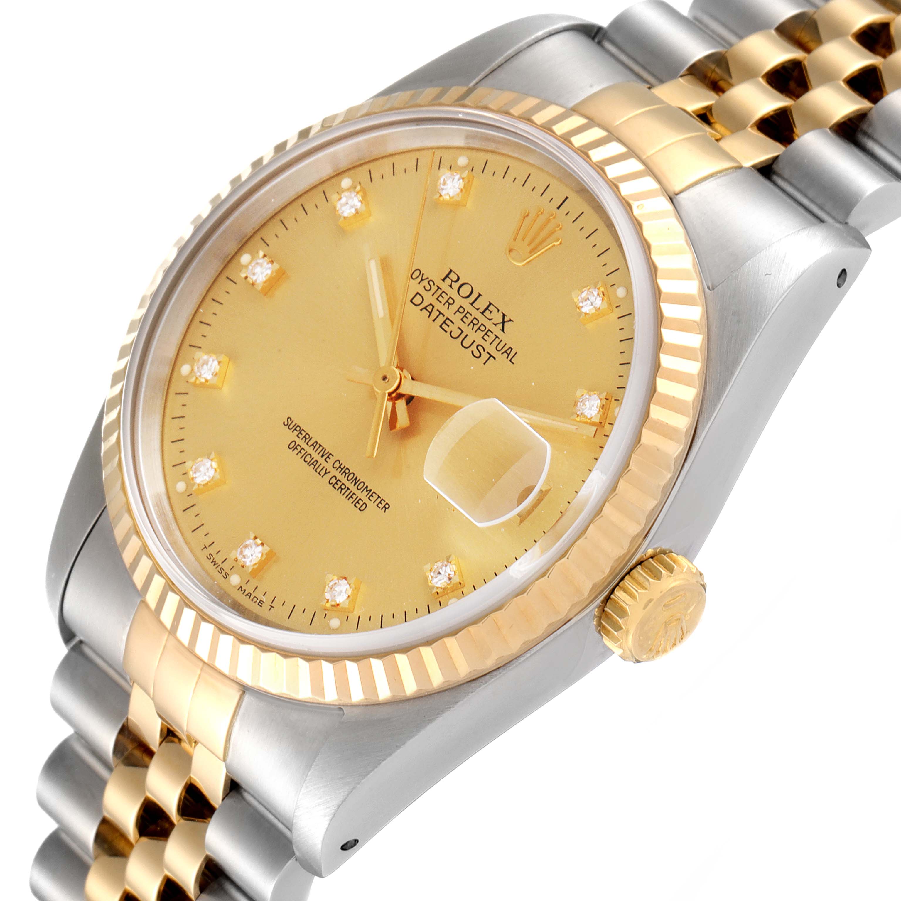 The image shows a close-up of the Rolex Datejust 16233 Men's Steel and Gold (two tone) Champagne Dial 16233 Men's Steel and Gold (two tone) Champagne Dial watch, featuring its gold dial, diamond hour markers, date magnifier, and two-tone bracelet.