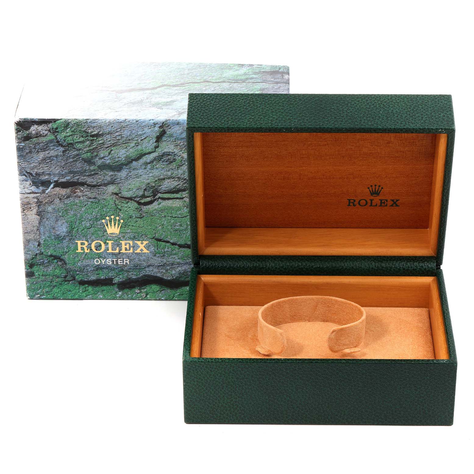 The image shows an open green Rolex Datejust 16233 Men's Steel and Gold (two tone) Champagne Dial 16233 Men's Steel and Gold (two tone) Champagne Dial watch box with a velvet cushion and an outer cardboard box.