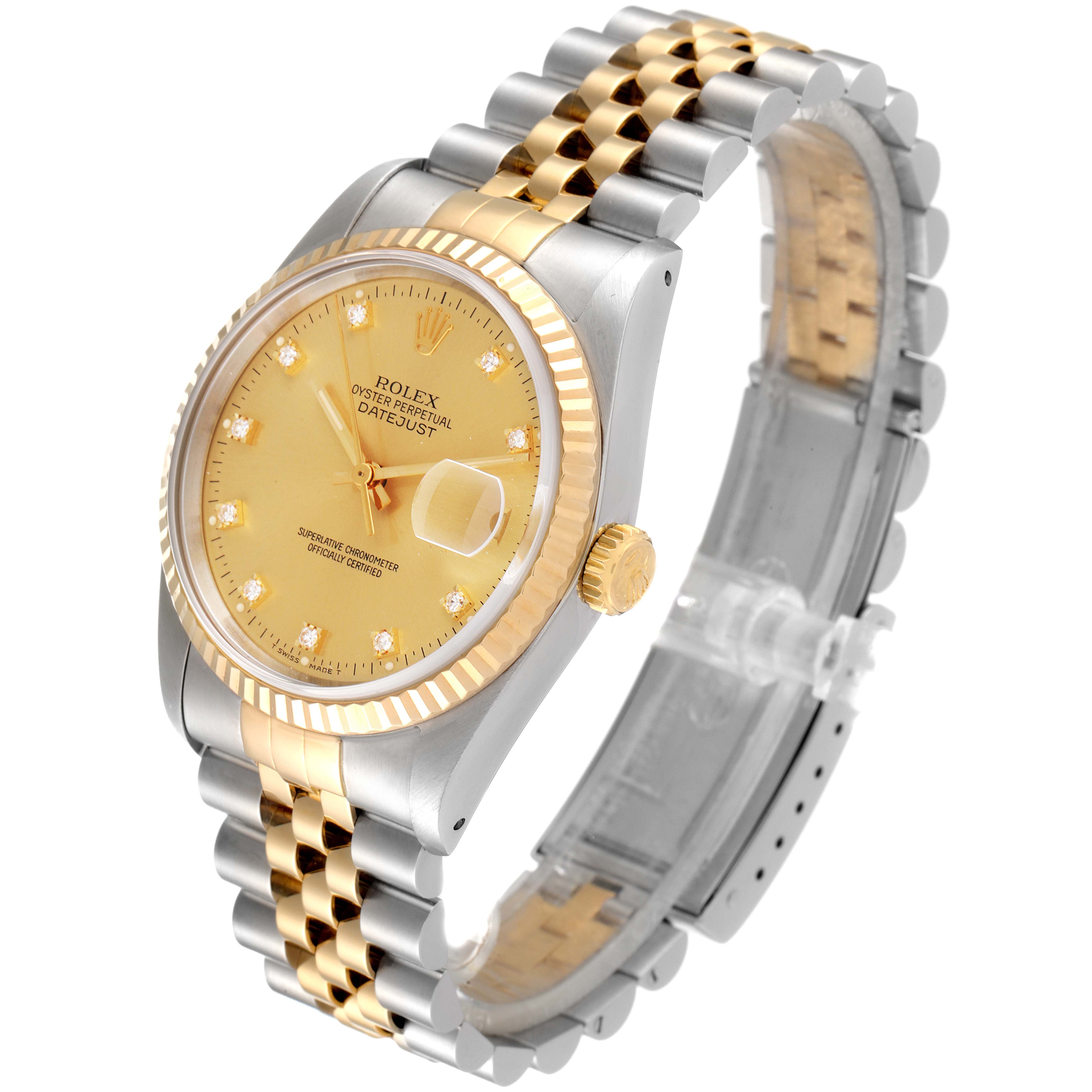 This image shows a Rolex Datejust 16233 Men's Steel and Gold (two tone) Champagne Dial 16233 Men's Steel and Gold (two tone) Champagne Dial watch from a three-quarter angle, highlighting its dial, bezel, and bracelet.
