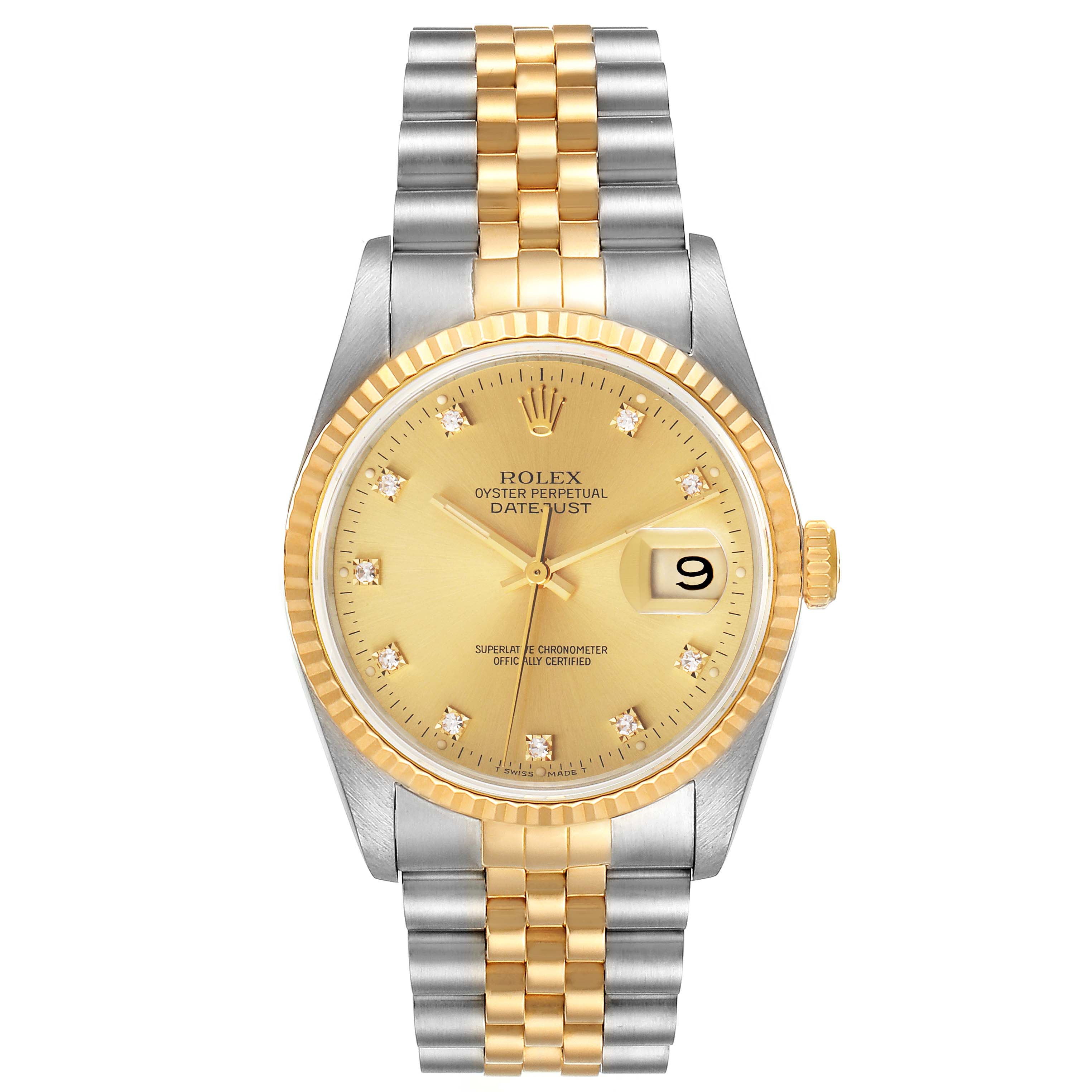 This is a Rolex Datejust 16233 Men's Steel and Gold (two tone) Champagne Dial 16233 Men's Steel and Gold (two tone) Champagne Dial watch shown from a front angle, highlighting its dial, bezel, bracelet, and crown.