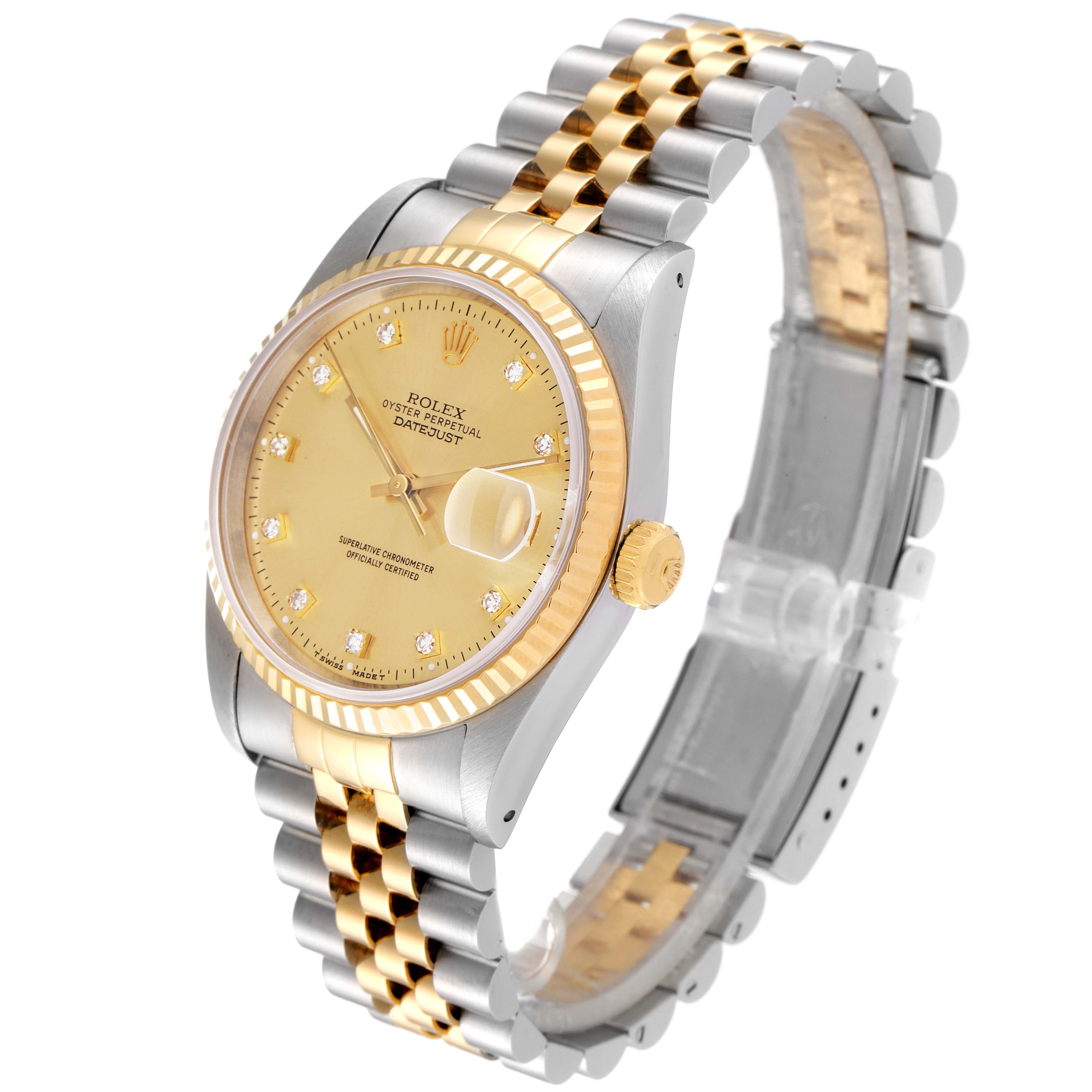 The image shows a Rolex Datejust 16233 Men's Steel and Gold (two tone) Champagne Dial 16233 Men's Steel and Gold (two tone) Champagne Dial watch at a three-quarter angle, highlighting the dial, case, and bracelet.