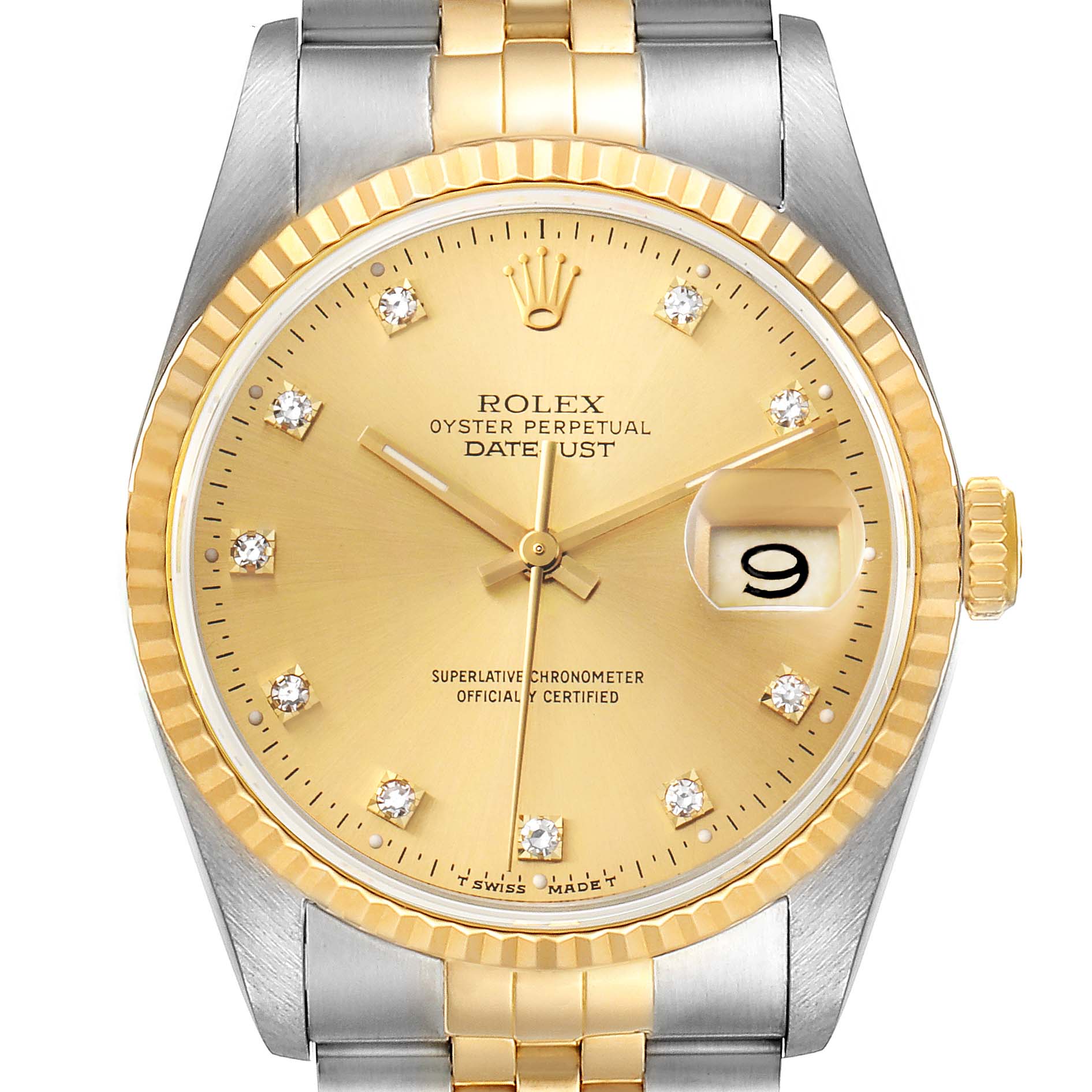 This image shows a front view of the Rolex Datejust 16233 Men's Steel and Gold (two tone) Champagne Dial 16233 Men's Steel and Gold (two tone) Champagne Dial watch with a gold dial, diamond hour markers, and a two-tone bracelet.