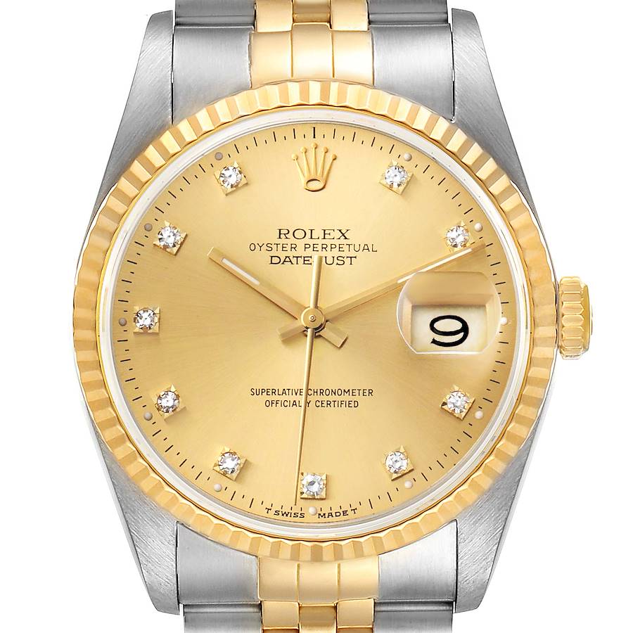 Rolex Datejust Steel Yellow Gold Diamond Dial Mens Watch 16233 Box Papers SwissWatchExpo