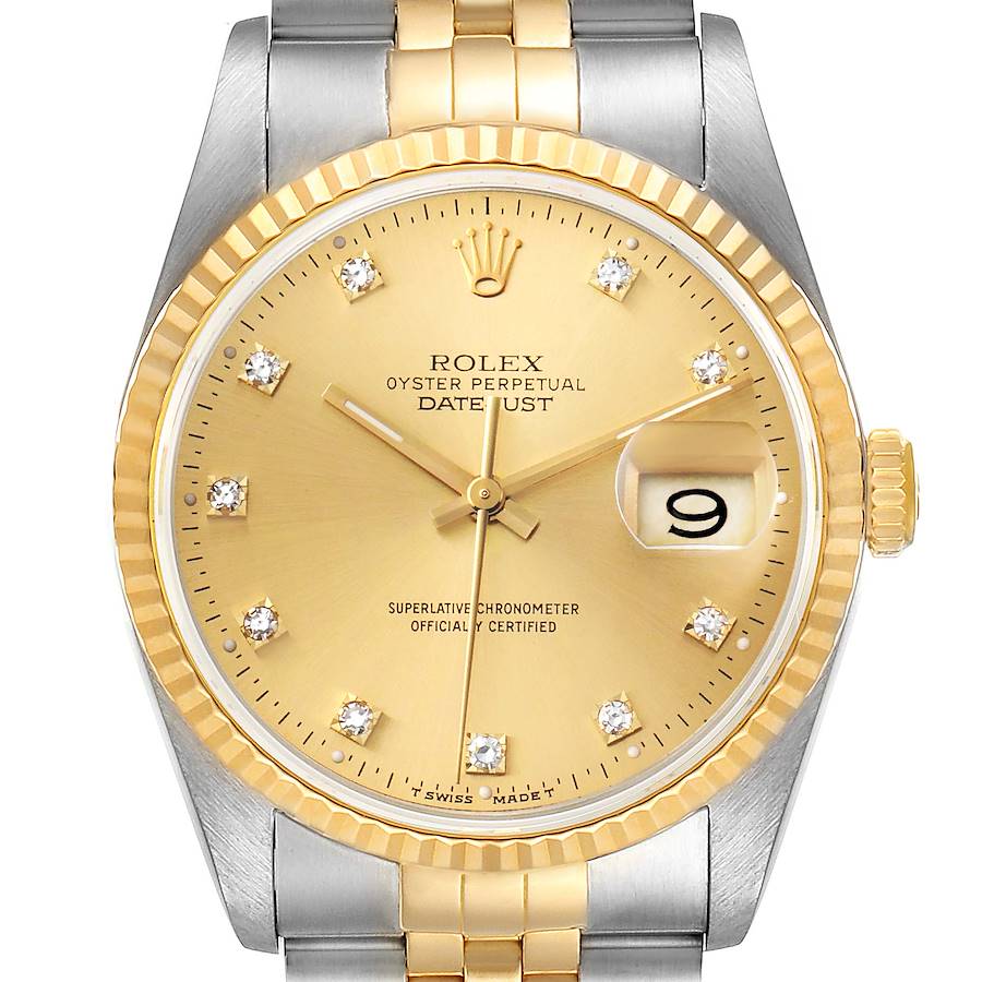 This image shows a front view of the Rolex Datejust watch with a gold dial, diamond hour markers, and a two-tone bracelet.