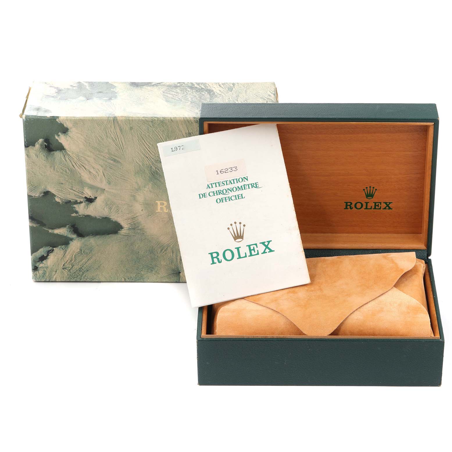 The image shows the box and certification for a Rolex Datejust 16233 Men's Steel and Gold (two tone) Champagne Dial 16233 Men's Steel and Gold (two tone) Champagne Dial model, including its inner wooden box and paperwork.