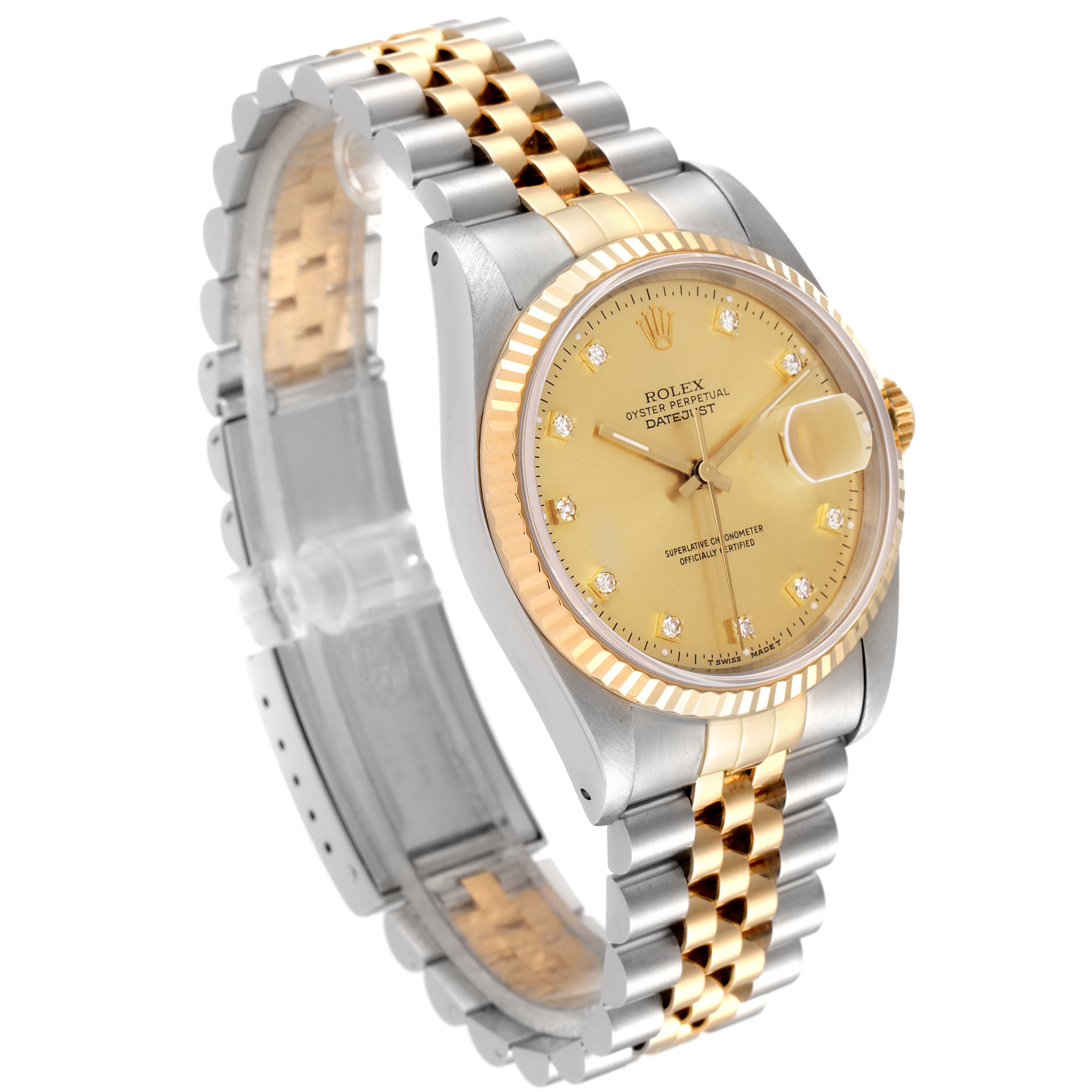 The Rolex Datejust 16233 Men's Steel and Gold (two tone) Champagne Dial 16233 Men's Steel and Gold (two tone) Champagne Dial watch is shown at a slight angle, displaying its gold and silver bracelet, fluted bezel, and champagne dial.