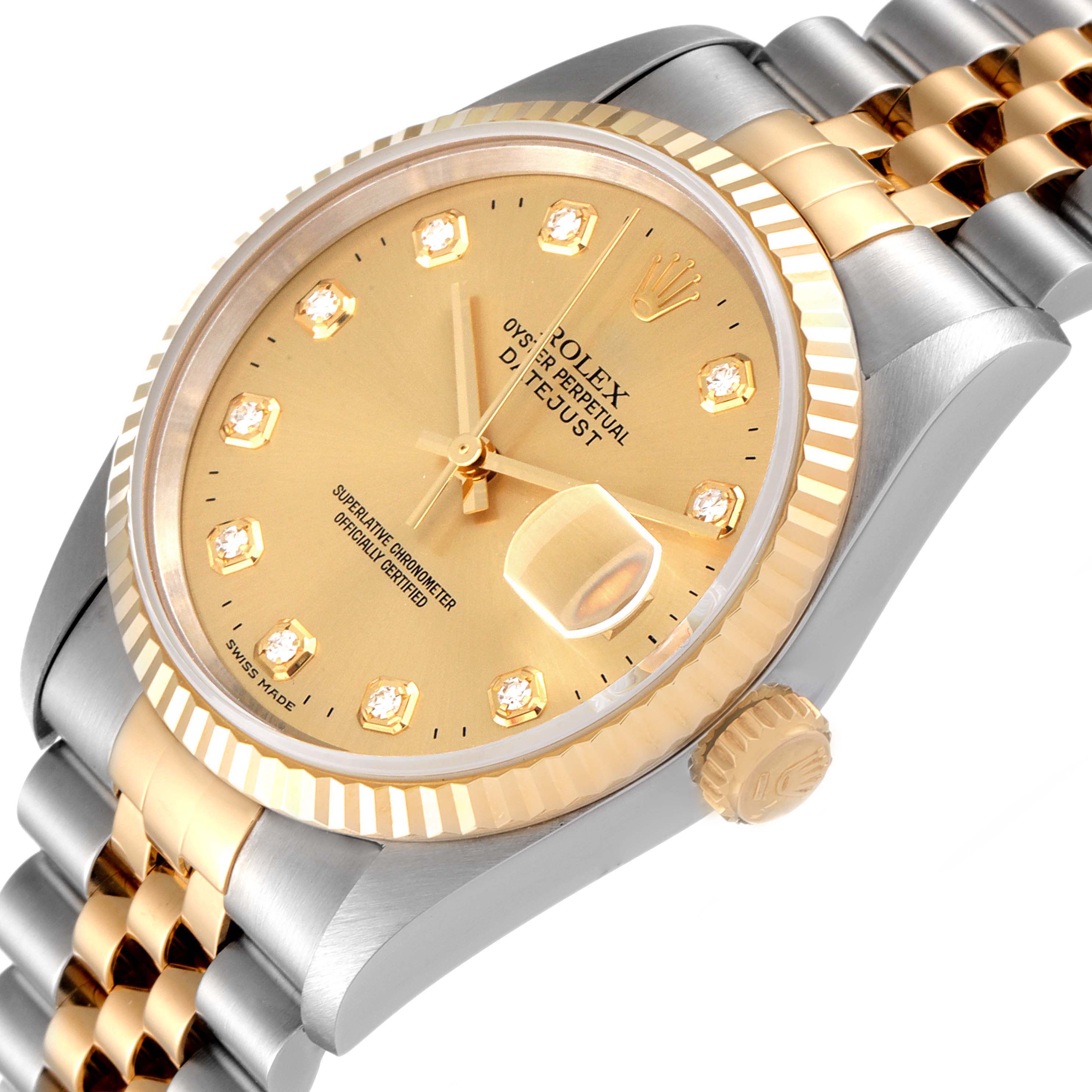 The image shows a Rolex Datejust 16233 Men
s Steel and Gold (two tone) Champagne Dial 16233 Men
s Steel and Gold (two tone) Champagne Dial watch at an angle, highlighting the dial, bezel, crown, and partial bracelet.