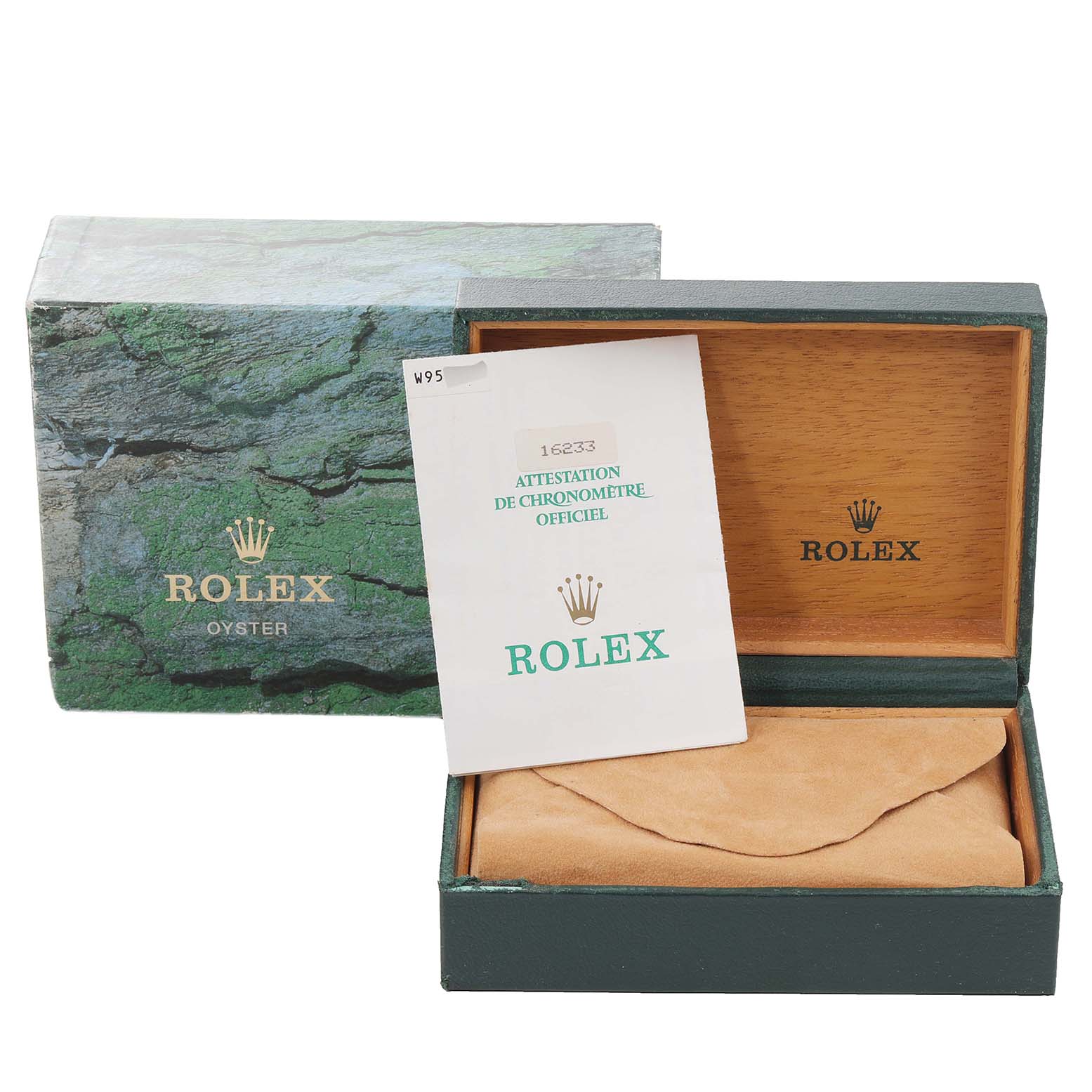 The image shows the packaging for a Rolex Datejust 16233 Men
s Steel and Gold (two tone) Champagne Dial 16233 Men
s Steel and Gold (two tone) Champagne Dial watch, including the outer box, inner wooden box, and documentation.