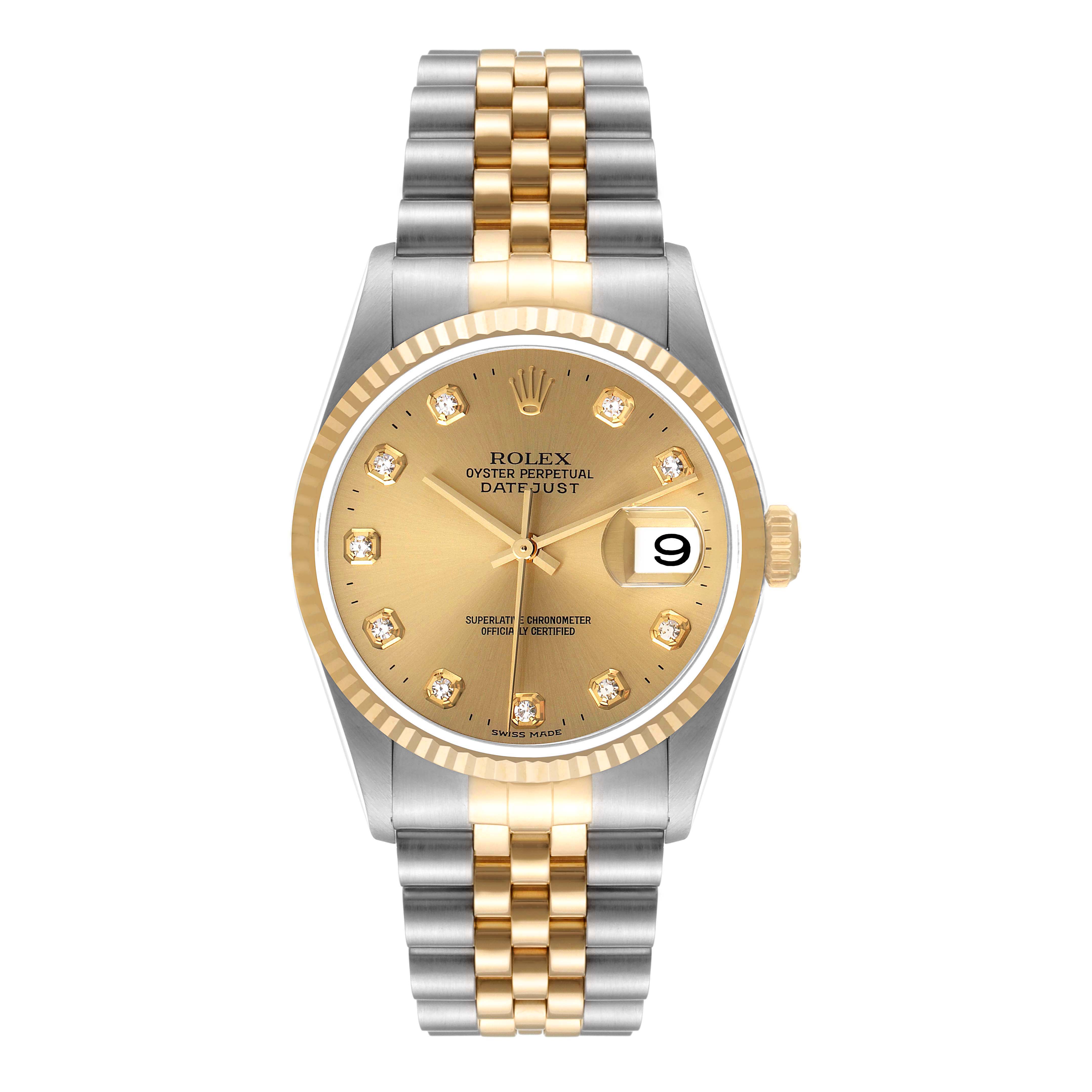 The Rolex Datejust 16233 Men
s Steel and Gold (two tone) Champagne Dial 16233 Men
s Steel and Gold (two tone) Champagne Dial watch is shown from a top-down angle, highlighting its gold dial, diamond markers, and two-tone bracelet.