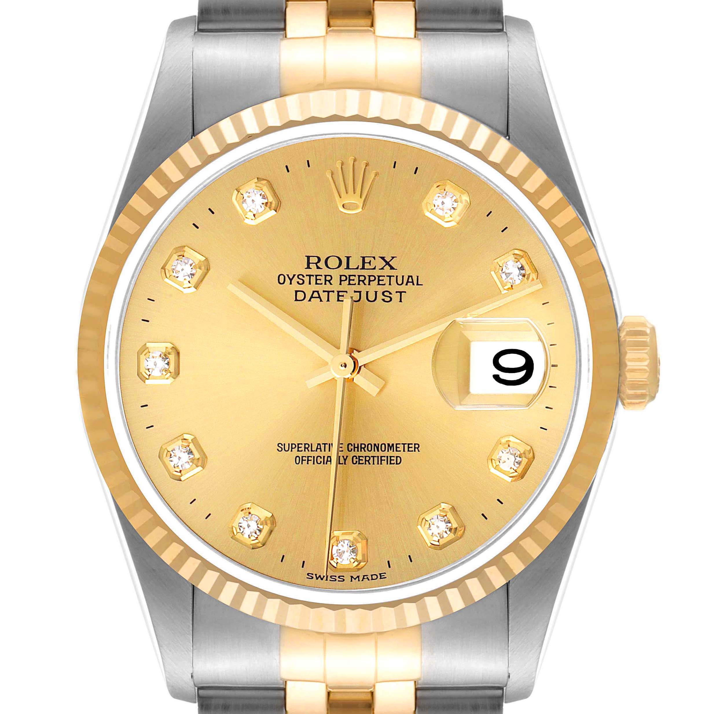 This image shows a front view of the Rolex Datejust 16233 Men
s Steel and Gold (two tone) Champagne Dial 16233 Men
s Steel and Gold (two tone) Champagne Dial watch, highlighting its gold dial, diamond hour markers, and two-tone bracelet.