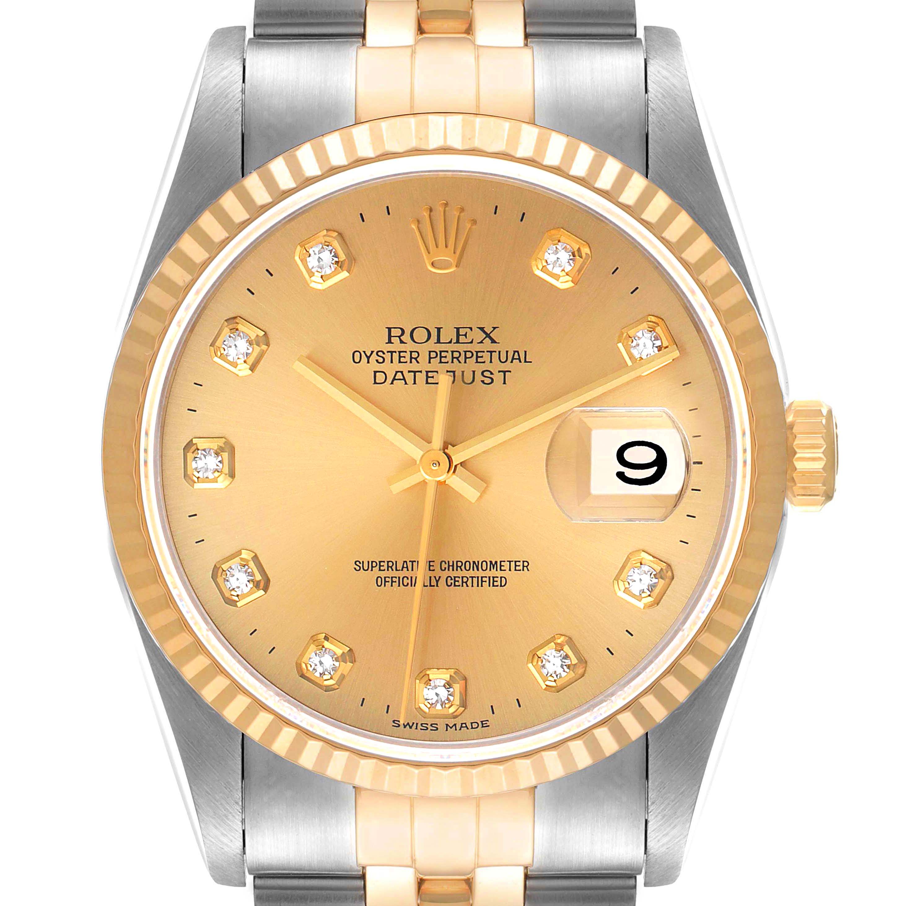 The image shows a frontal view of a Rolex Datejust 16233 Men's Steel and Gold (two tone) Champagne Dial 16233 Men's Steel and Gold (two tone) Champagne Dial watch, highlighting its dial, crown, and part of the bracelet.