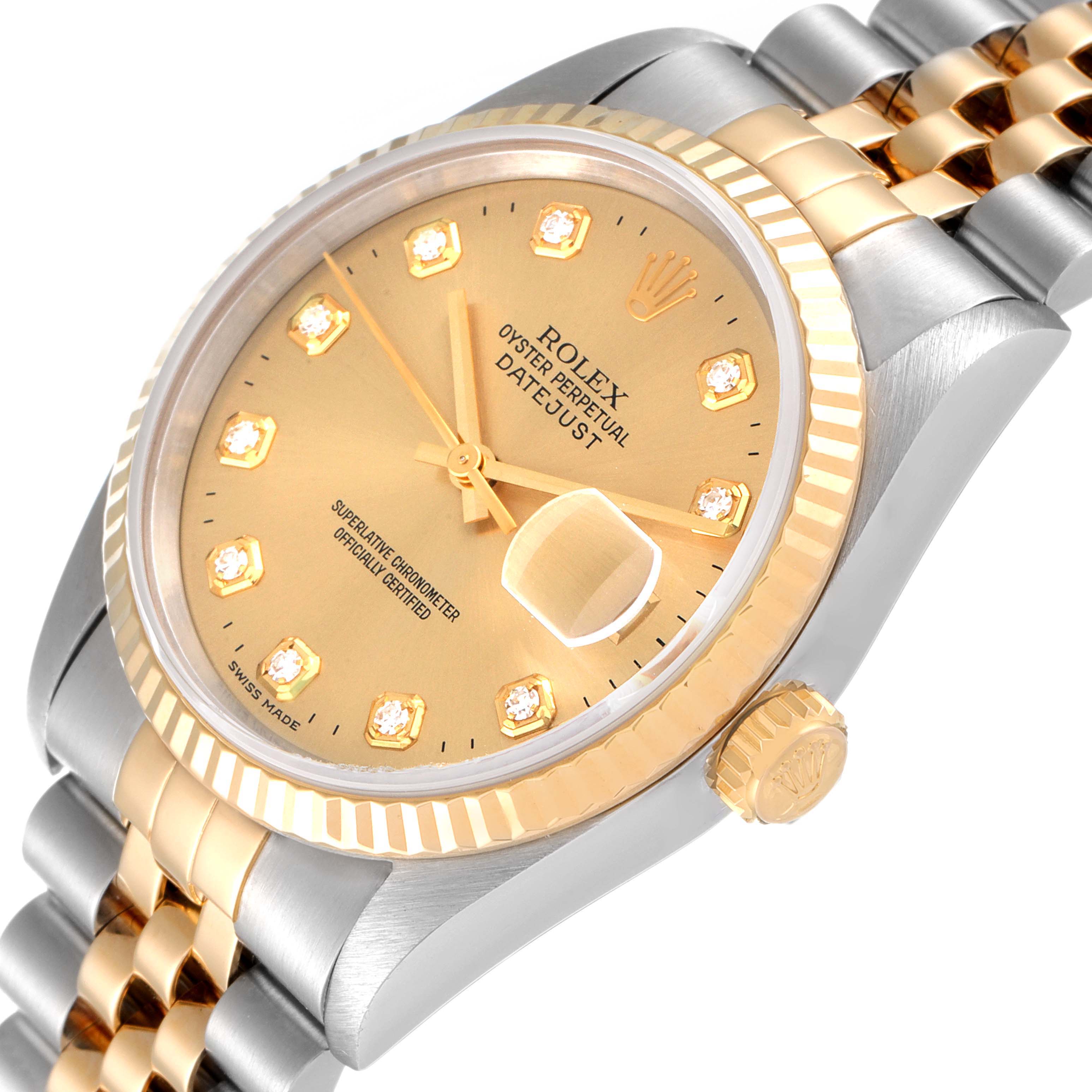 The image shows a close-up angled view of a Rolex Datejust 16233 Men's Steel and Gold (two tone) Champagne Dial 16233 Men's Steel and Gold (two tone) Champagne Dial watch, highlighting the bezel, crown, and part of the bracelet.