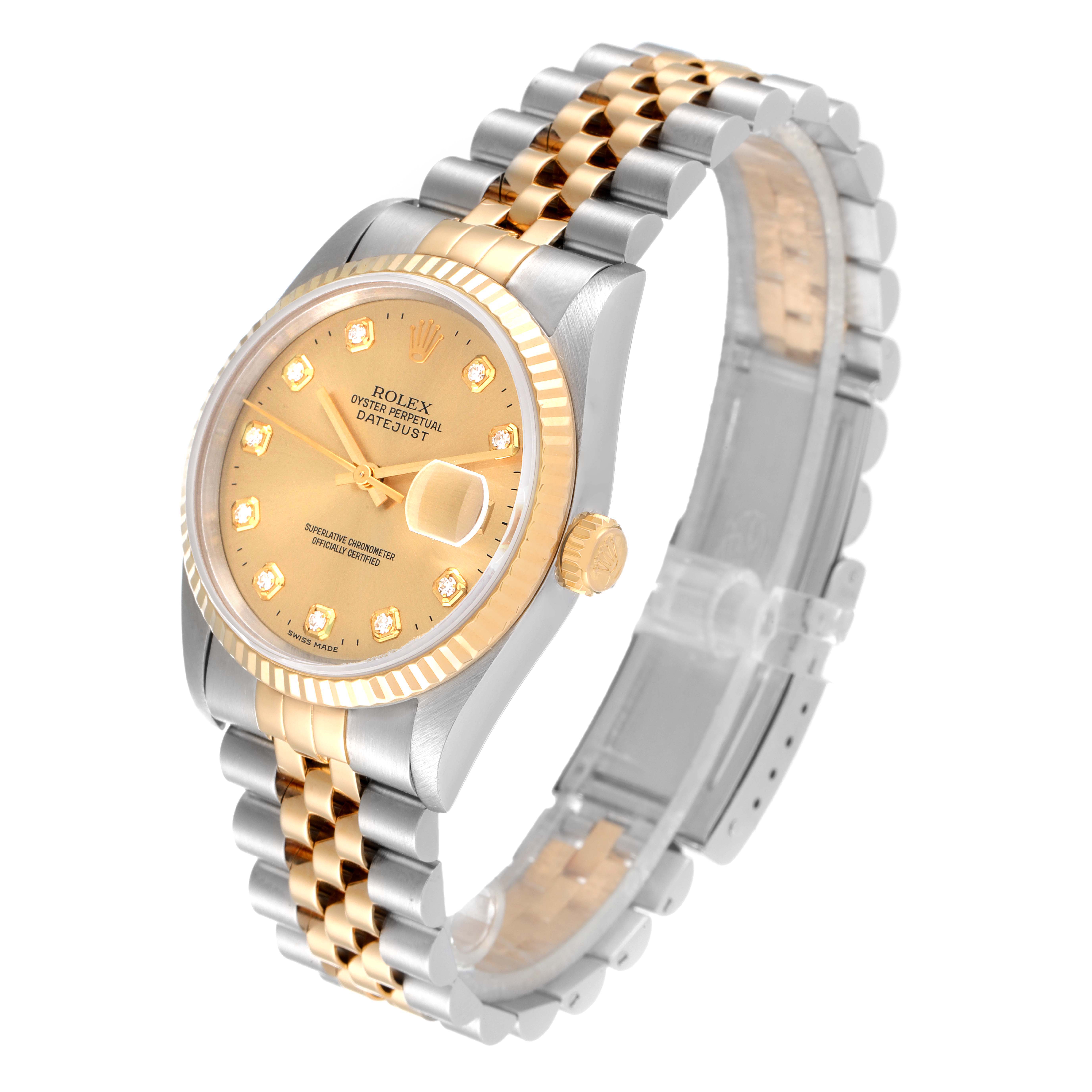 This image shows the Rolex Datejust 16233 Men's Steel and Gold (two tone) Champagne Dial 16233 Men's Steel and Gold (two tone) Champagne Dial watch from an angled side view, highlighting the dial, bezel, crown, and two-tone bracelet.
