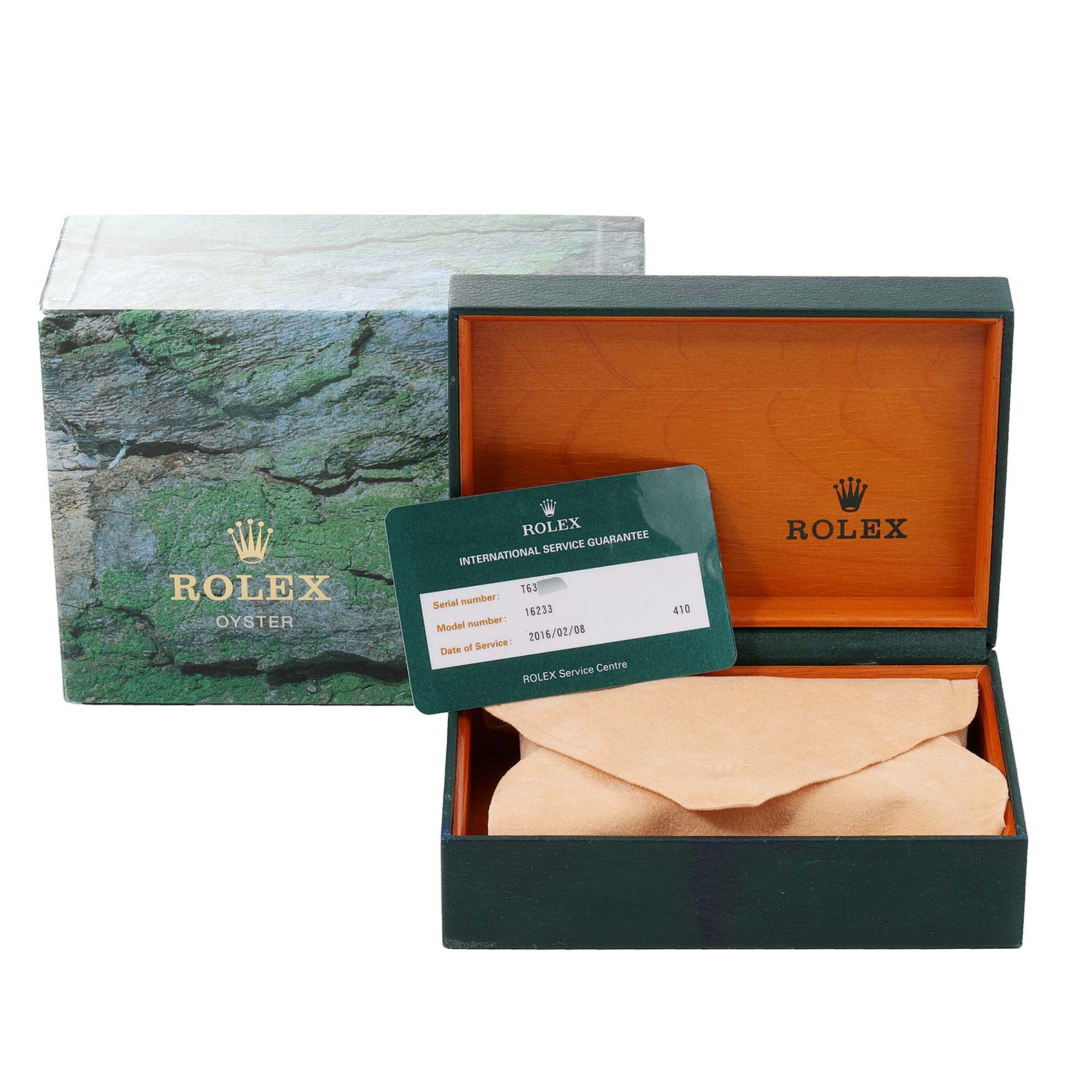 This image shows the packaging box, cushion, and warranty card of a Rolex Datejust 16233 Men's Steel and Gold (two tone) Champagne Dial 16233 Men's Steel and Gold (two tone) Champagne Dial watch.