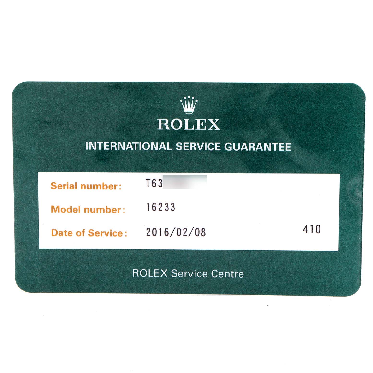 This image shows a Rolex Service Guarantee card for a Rolex Datejust 16233 Men's Steel and Gold (two tone) Champagne Dial 16233 Men's Steel and Gold (two tone) Champagne Dial model 16233 with service details.
