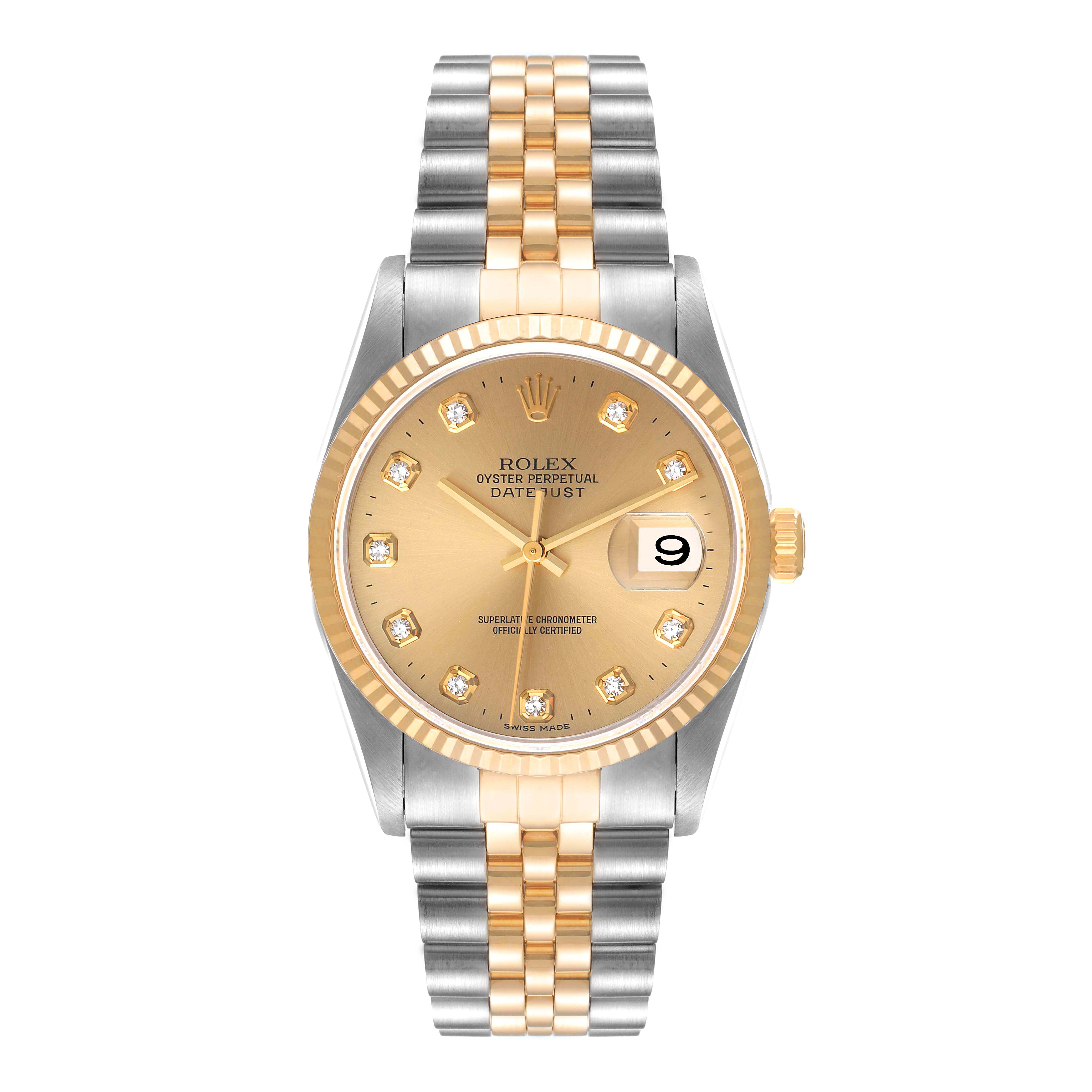 This image shows a front view of the Rolex Datejust 16233 Men's Steel and Gold (two tone) Champagne Dial 16233 Men's Steel and Gold (two tone) Champagne Dial, displaying its dial, bezel, crown, and bracelet.