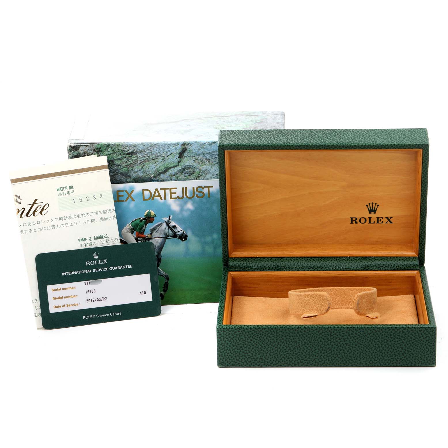 The image shows a Rolex Datejust 16233 Men's Steel and Gold (two tone) Champagne Dial 16233 Men's Steel and Gold (two tone) Champagne Dial box, guarantee card, service card, and instructions from a slightly high angle.