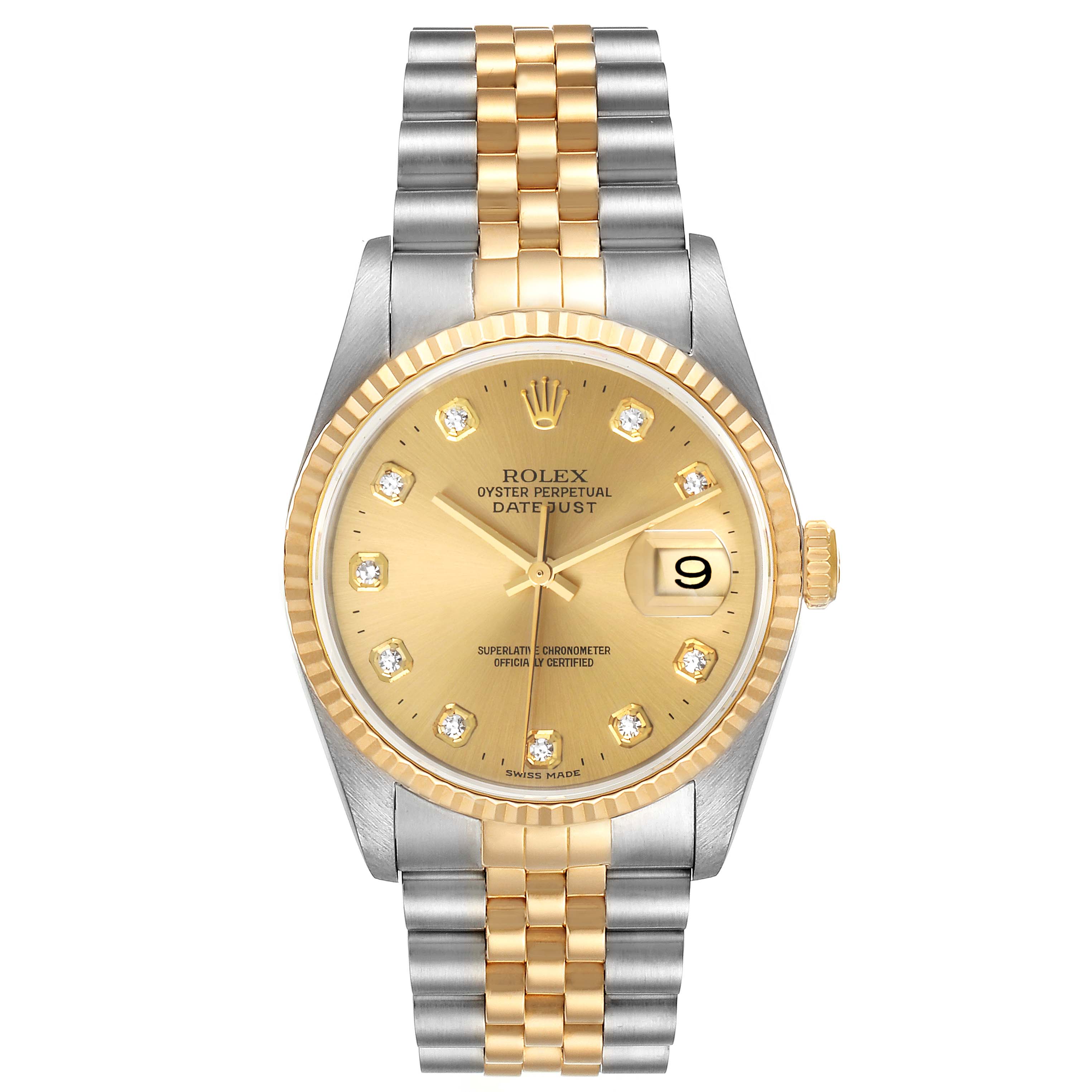 This image shows a Rolex Datejust 16233 Men's Steel and Gold (two tone) Champagne Dial 16233 Men's Steel and Gold (two tone) Champagne Dial watch taken from a top-down angle showcasing its dial, bezel, crown, and two-tone bracelet.