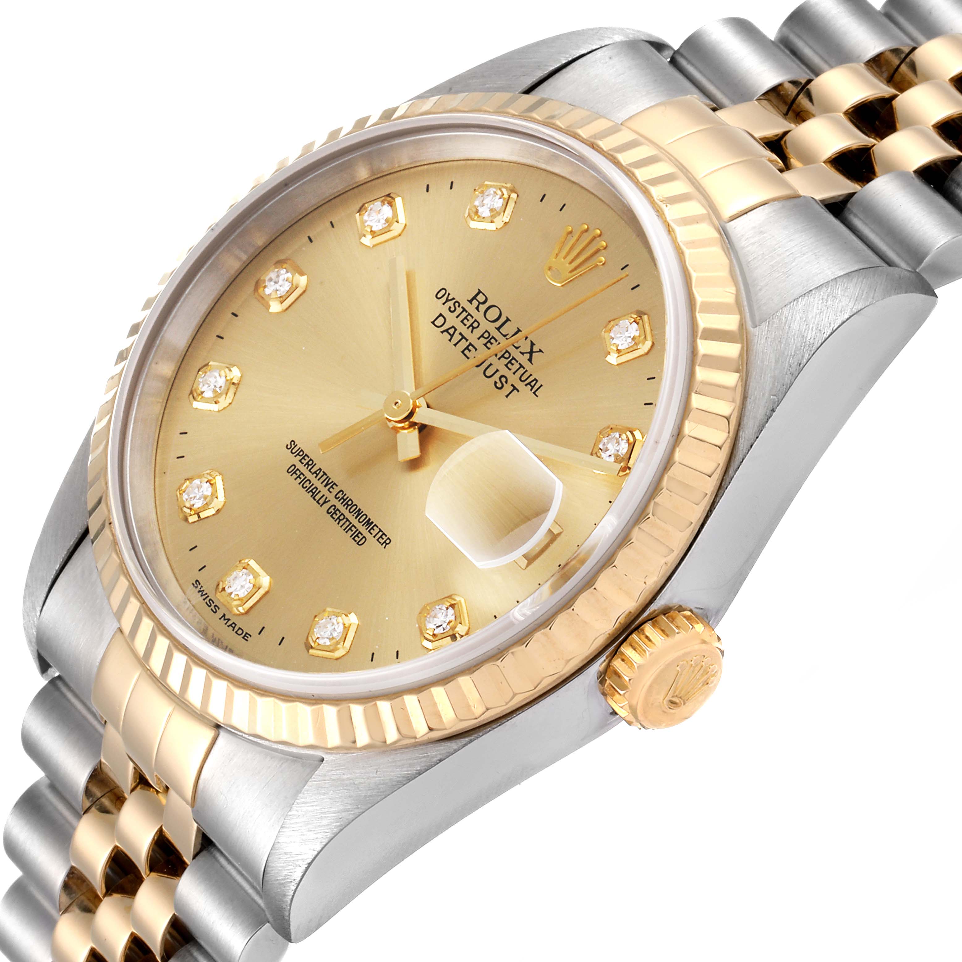 This image shows a close-up angle of a Rolex Datejust 16233 Men's Steel and Gold (two tone) Champagne Dial 16233 Men's Steel and Gold (two tone) Champagne Dial, highlighting its dial, bezel, and bracelet.