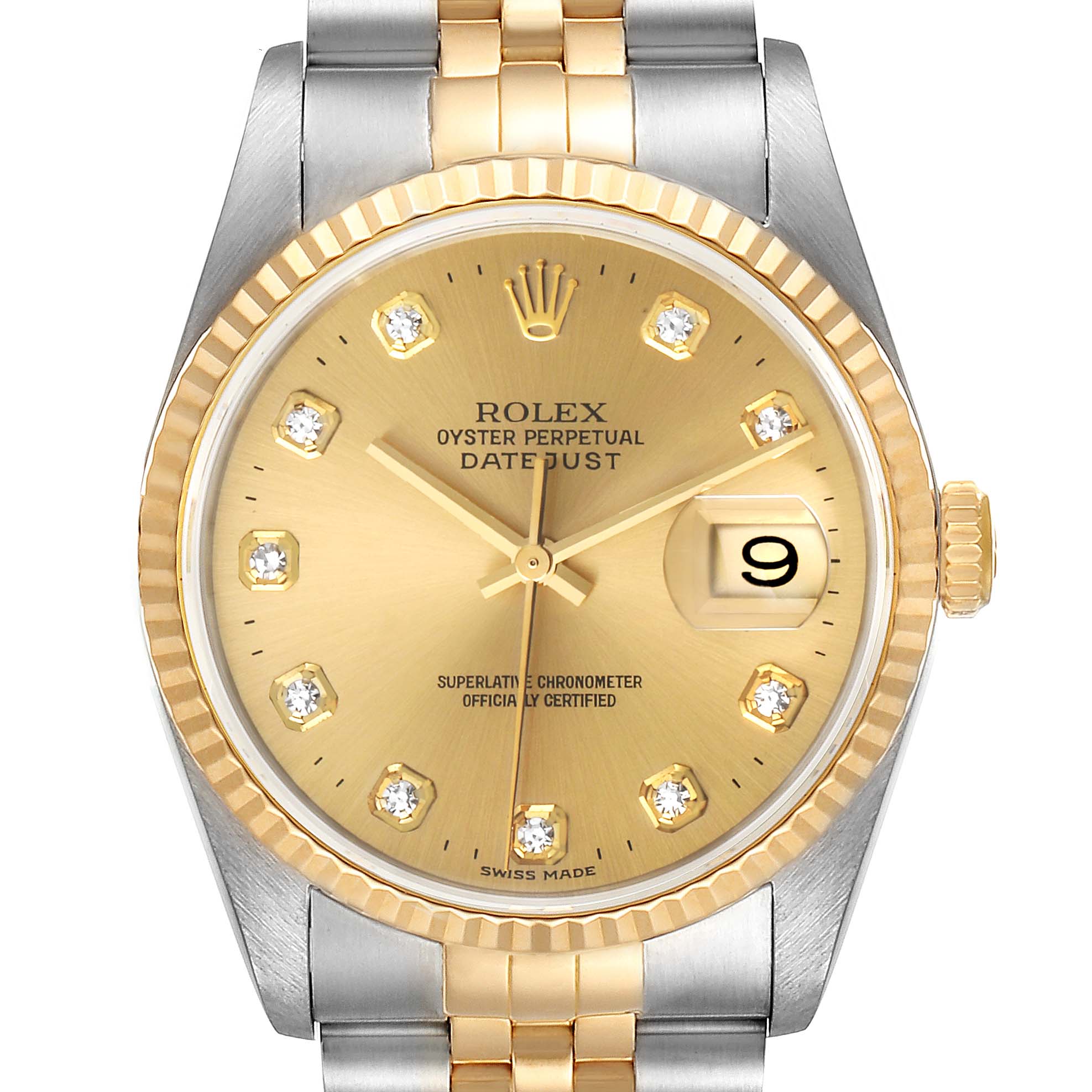 This image shows a front view of a Rolex Datejust 16233 Men's Steel and Gold (two tone) Champagne Dial 16233 Men's Steel and Gold (two tone) Champagne Dial watch, highlighting the gold dial, fluted bezel, and two-tone bracelet.