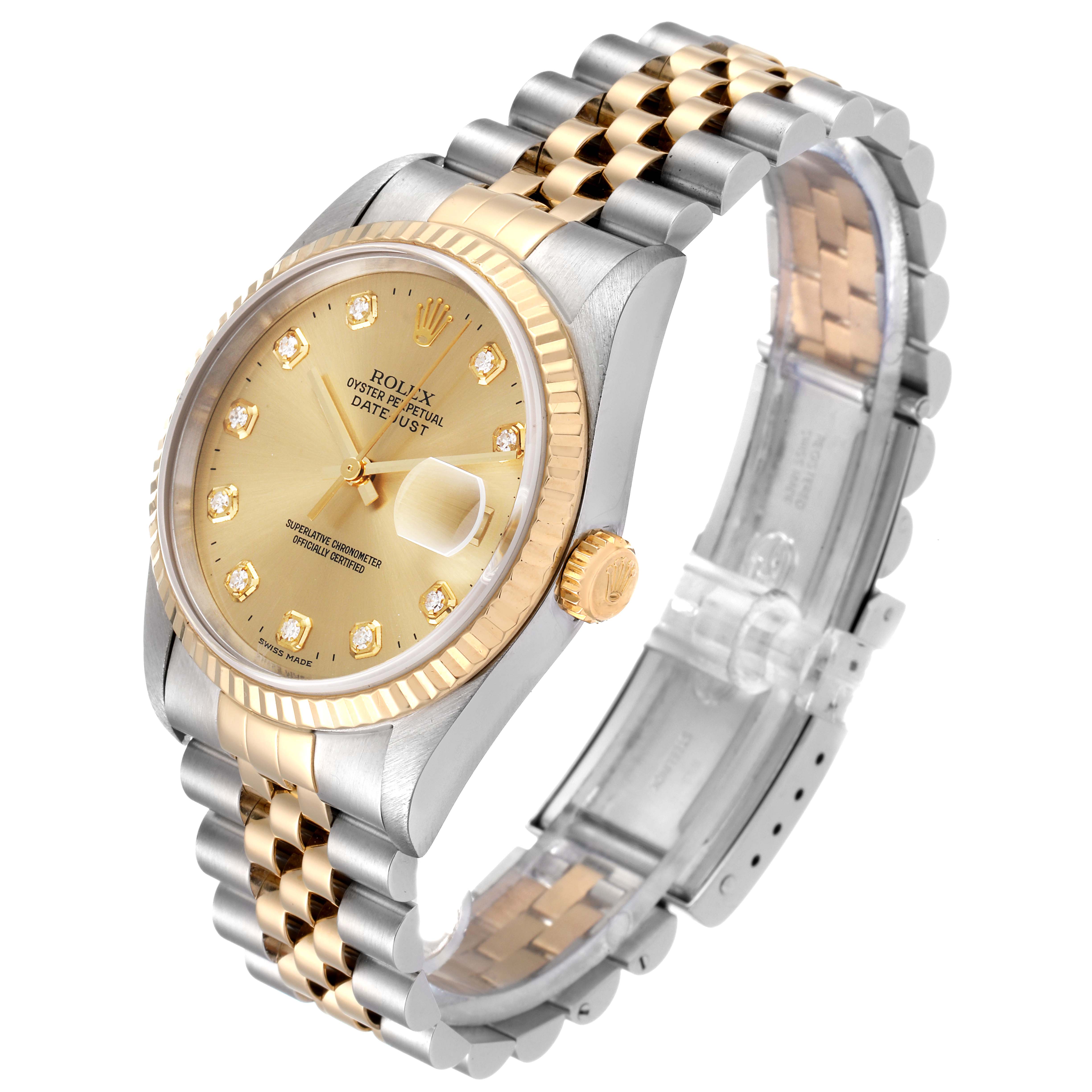 The Rolex Datejust 16233 Men's Steel and Gold (two tone) Champagne Dial 16233 Men's Steel and Gold (two tone) Champagne Dial watch is shown at an angled view highlighting its bezel, dial, crown, and two-tone jubilee bracelet.
