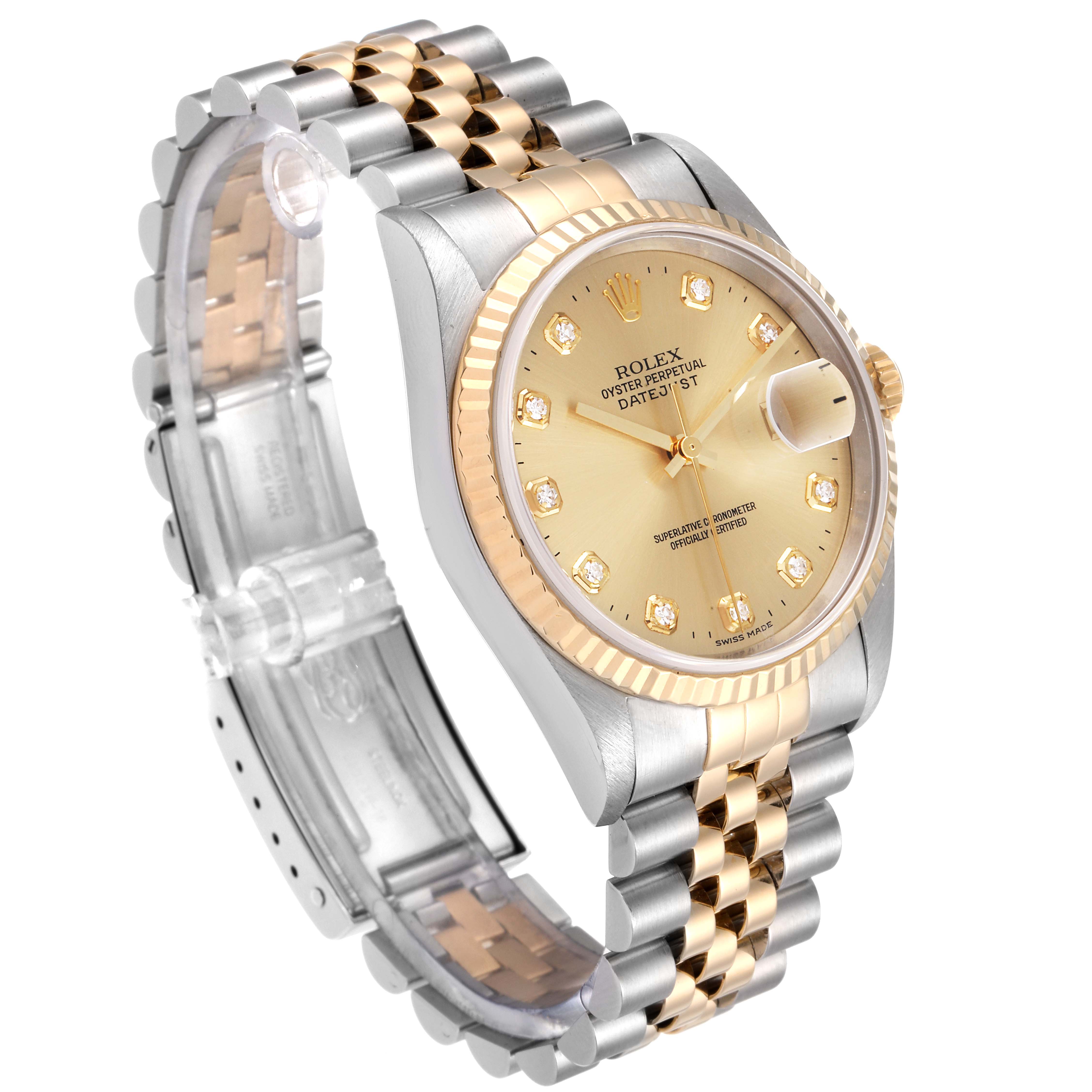 The image shows a Rolex Datejust 16233 Men's Steel and Gold (two tone) Champagne Dial 16233 Men's Steel and Gold (two tone) Champagne Dial watch at a three-quarter angle, featuring a two-tone bracelet and a gold dial with diamond hour markers.