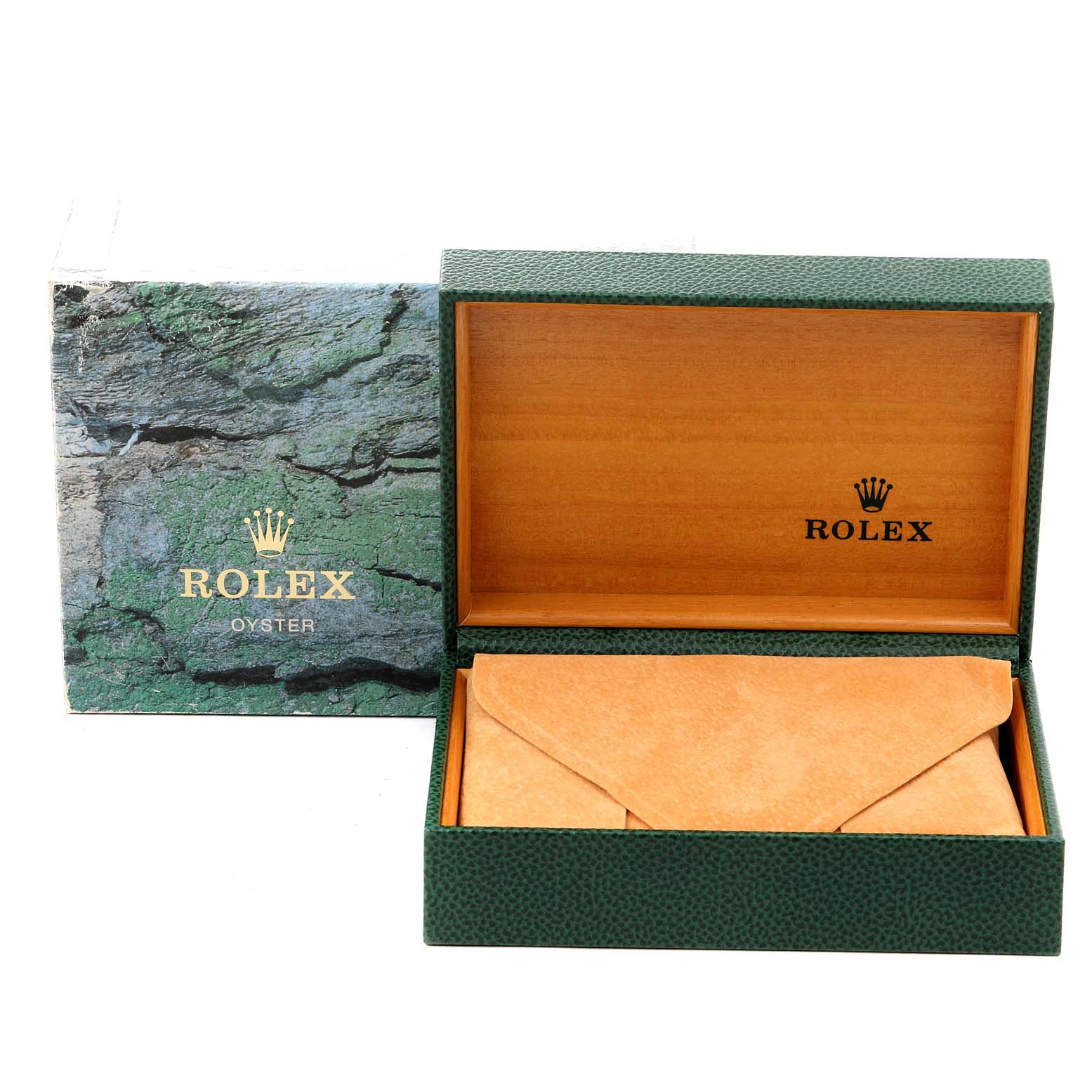 The image shows an open Rolex Datejust 16233 Men's Steel and Gold (two tone) White Dial 16233 Men's Steel and Gold (two tone) White Dial box with an inner green textured box, brown leather pouch, and a green outer box.