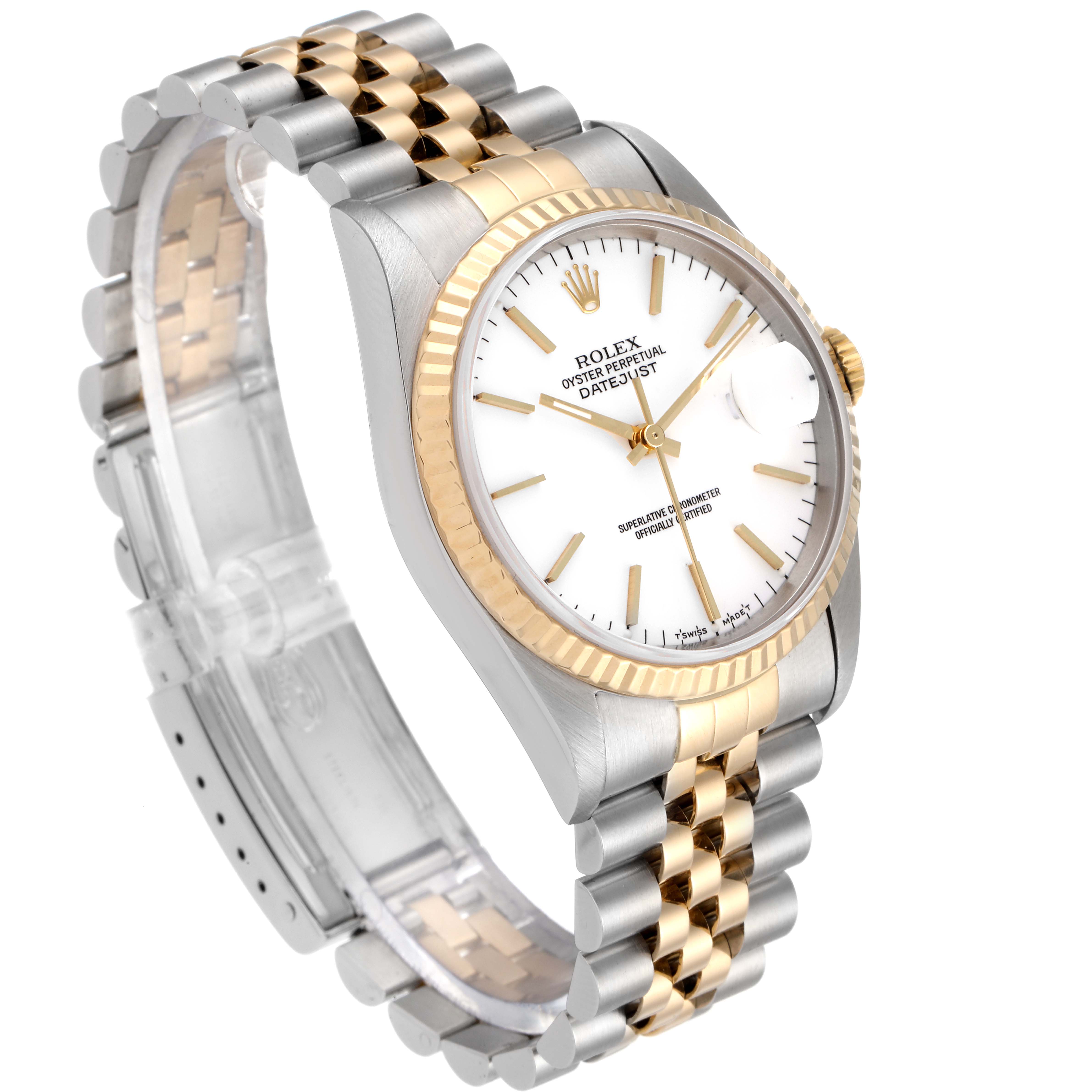 The image shows a Rolex Datejust 16233 Men's Steel and Gold (two tone) White Dial 16233 Men's Steel and Gold (two tone) White Dial watch at an angle showcasing its face, bezel, bracelet, and clasp.
