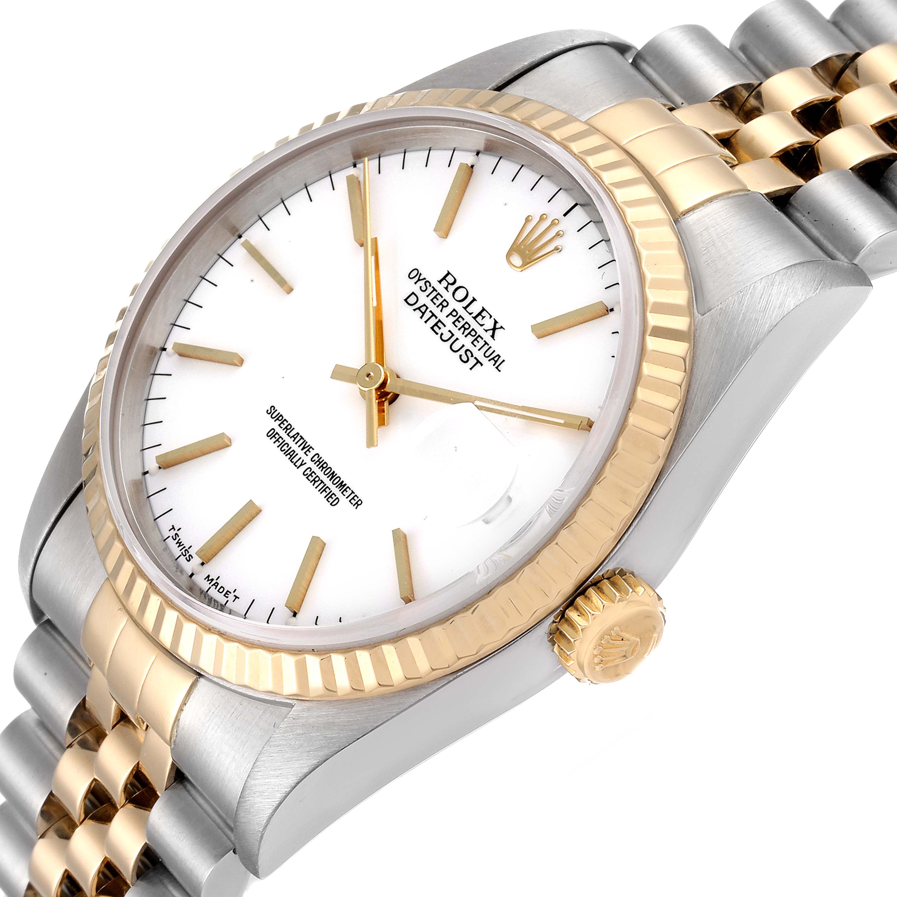 The image shows the face, crown, and part of the bracelet of a Rolex Datejust 16233 Men's Steel and Gold (two tone) White Dial 16233 Men's Steel and Gold (two tone) White Dial watch at an angle.