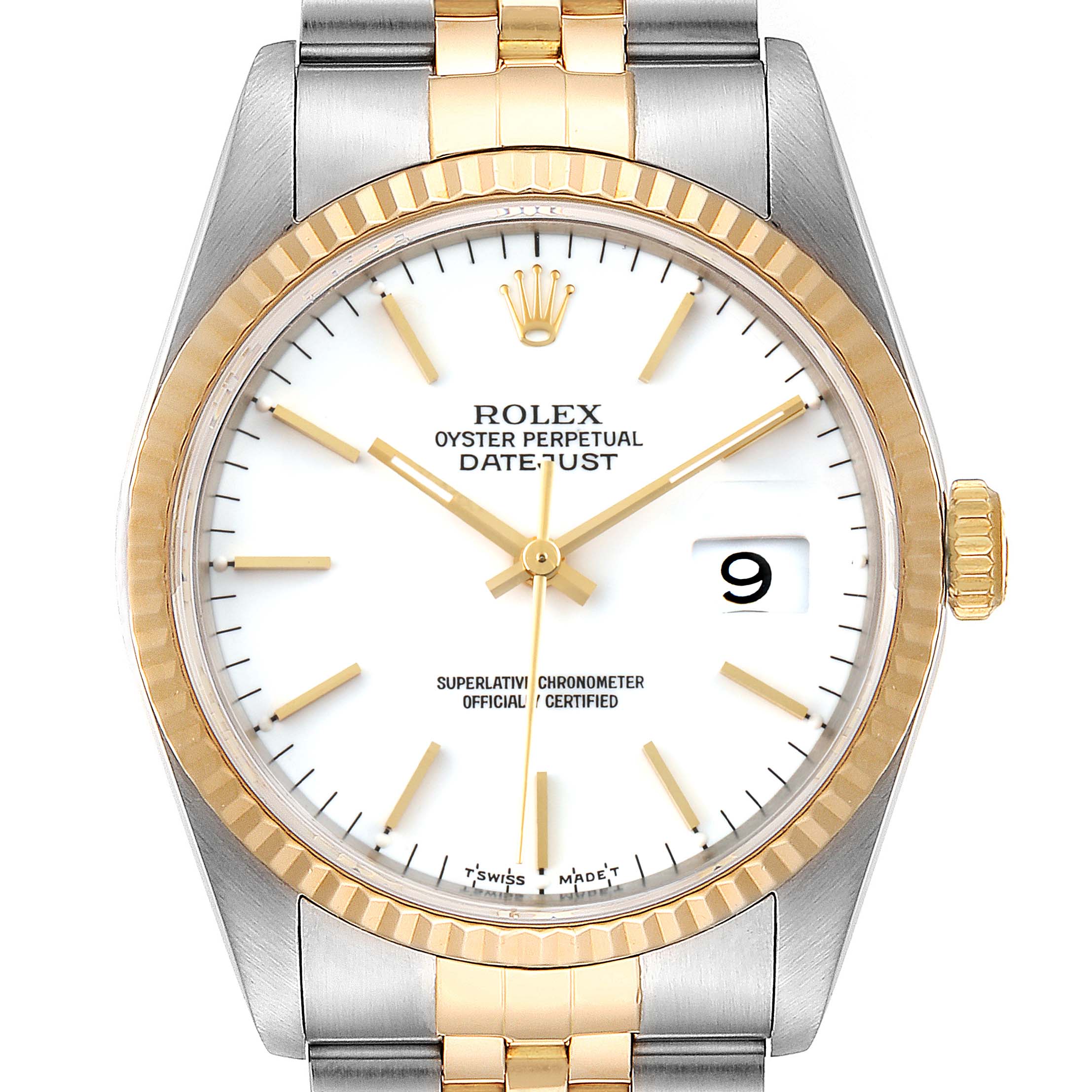 This image shows a frontal view of a Rolex Datejust 16233 Men's Steel and Gold (two tone) White Dial 16233 Men's Steel and Gold (two tone) White Dial watch featuring a fluted bezel and a two-tone jubilee bracelet.