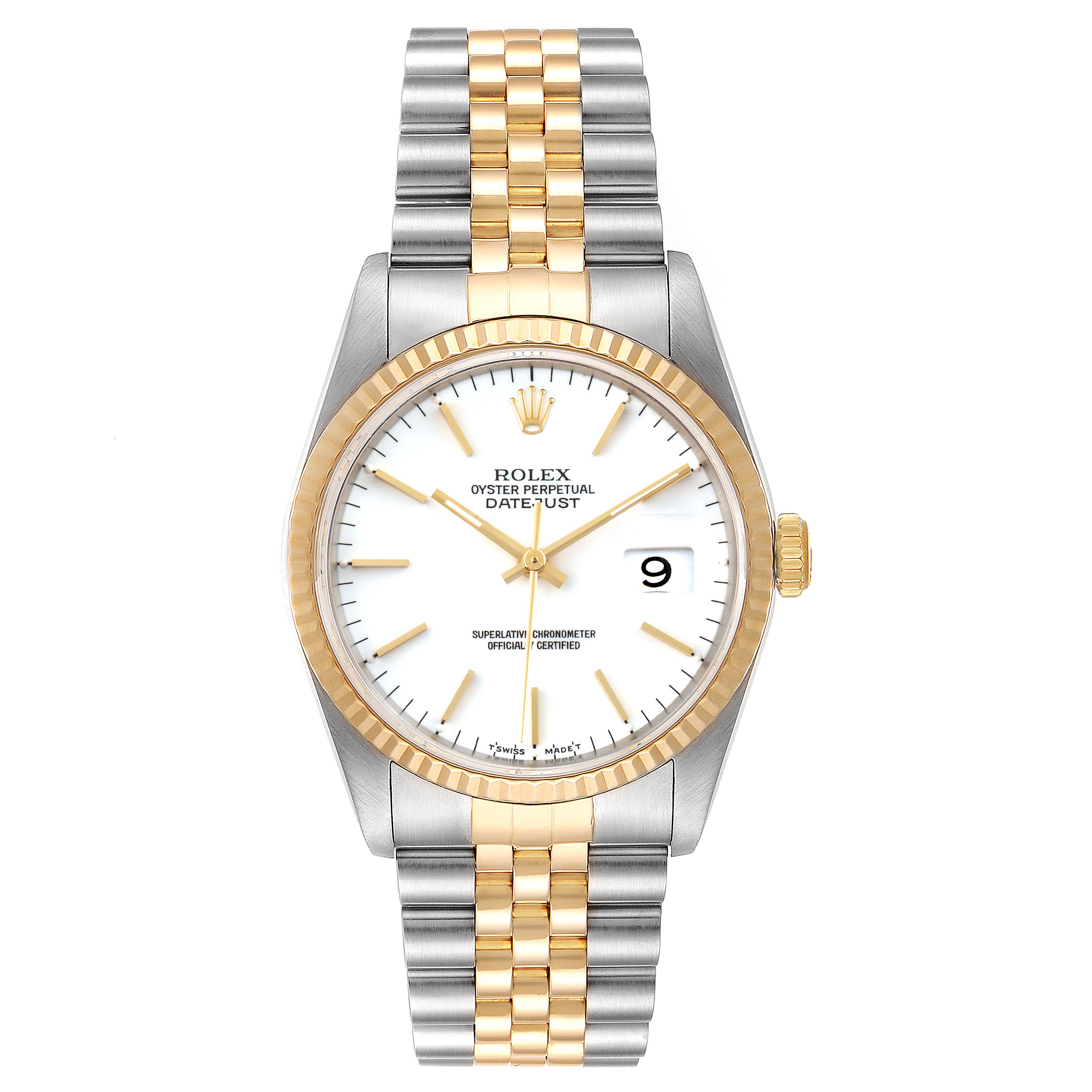 The Rolex Datejust 16233 Men's Steel and Gold (two tone) White Dial 16233 Men's Steel and Gold (two tone) White Dial model is shown from a top-down angle, highlighting its two-tone bracelet, gold bezel, and white dial.