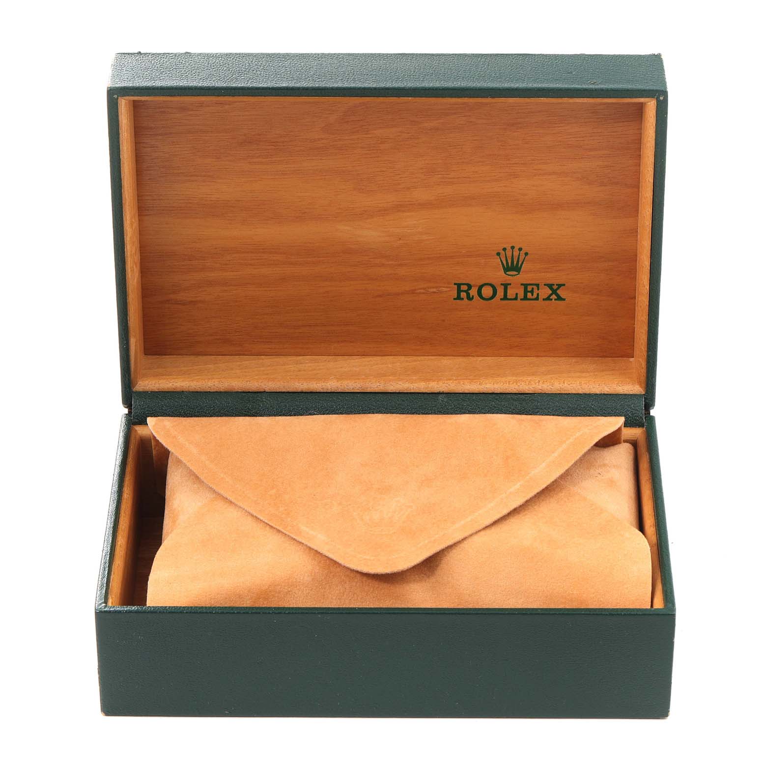 The image shows a Rolex Datejust 16013 Men's Steel and Gold (two tone) White Dial 16013 Men's Steel and Gold (two tone) White Dial watch box partially open with a suede pouch inside.